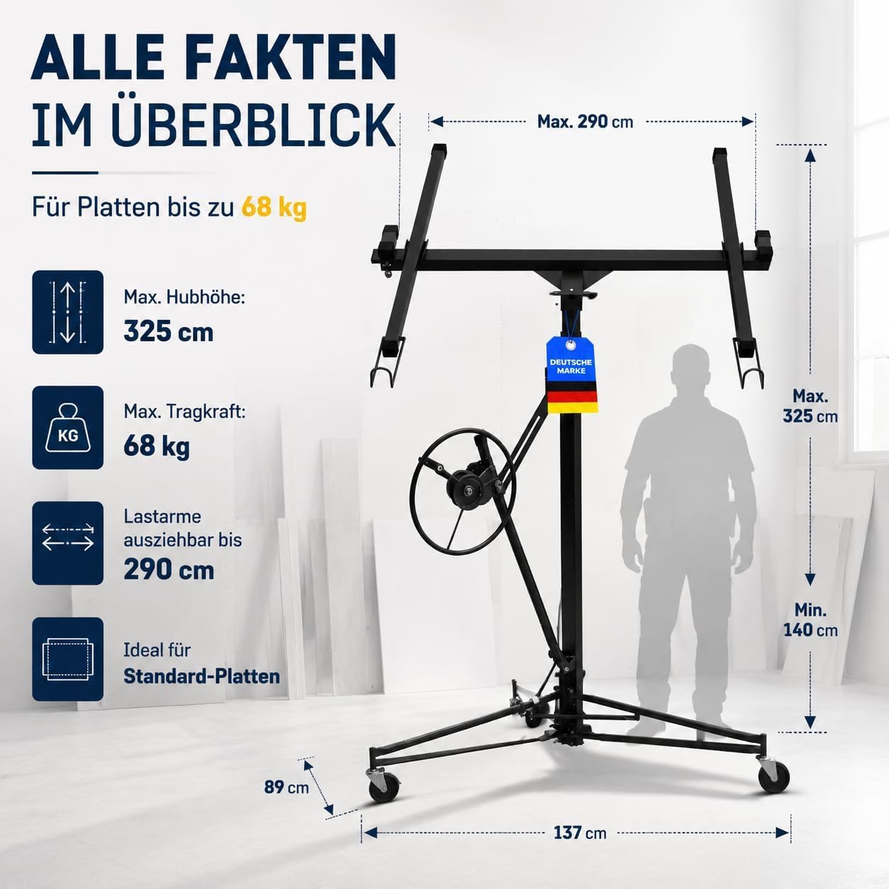 Werkthor XXL Plattenheber bis max. 68 kg - Höhe 140-350 cm - Plattenheber Trockenbau für Rigipsplatten & Gipskartonplatten - Rigips Plattenheber mit 3 Räder & Feststellbremse (Schwarz)