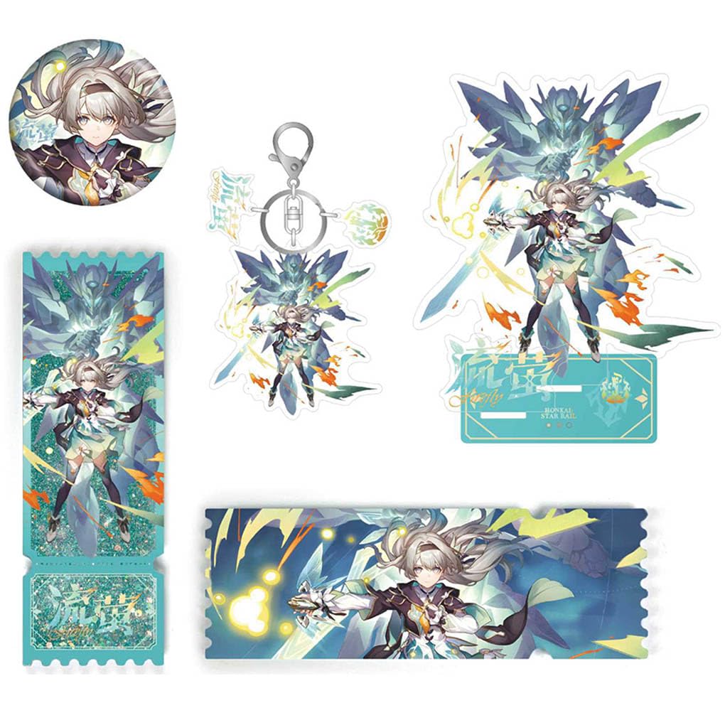 Hon Kai Star Rail Figure Fireflys Merch 4 Pieces | Fireflys Keychain Badge Ticket Stand Set | Fireflys Cosplay Keyring Pins | Cool Desk Decorations