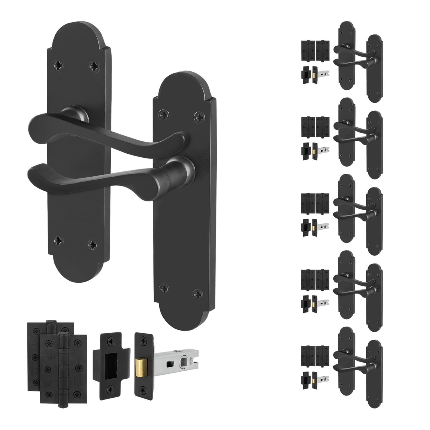 EAI Black Door Handles Latch Set, 6 Pairs Internal Matt Black Victorian Scroll Shaped Backplate, Hinges, Latch 64mm
