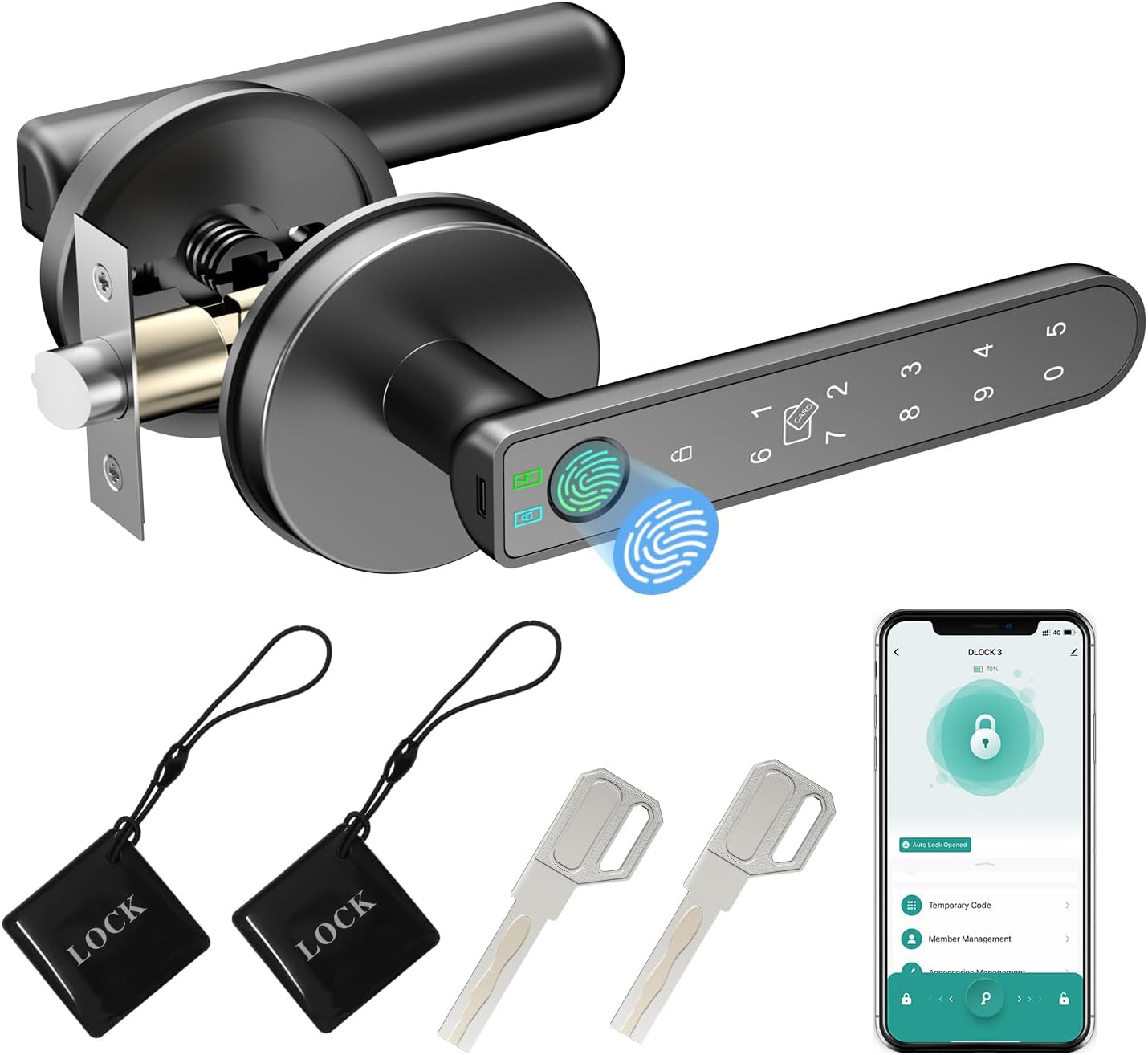 Fingerprint Door Lock, 5 in 1 Smart Door Knob with Smart APP/Fingerprint/IC Cards/Password/Backup Keys, Fingerprint Door Knob with Keypad for Bedroom, Office, Apartment, Black