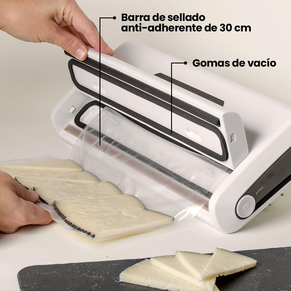 ELMA Envasadora al Vacío Doméstica V Start, Máquina al Vacío de Alimentos | Tamaño Compacto, Envasadora Automática con Barra de Sellado de 30cm | Blanco, 34 x 15 x 7cm, 175W | Incluye Bolsas al Vacío