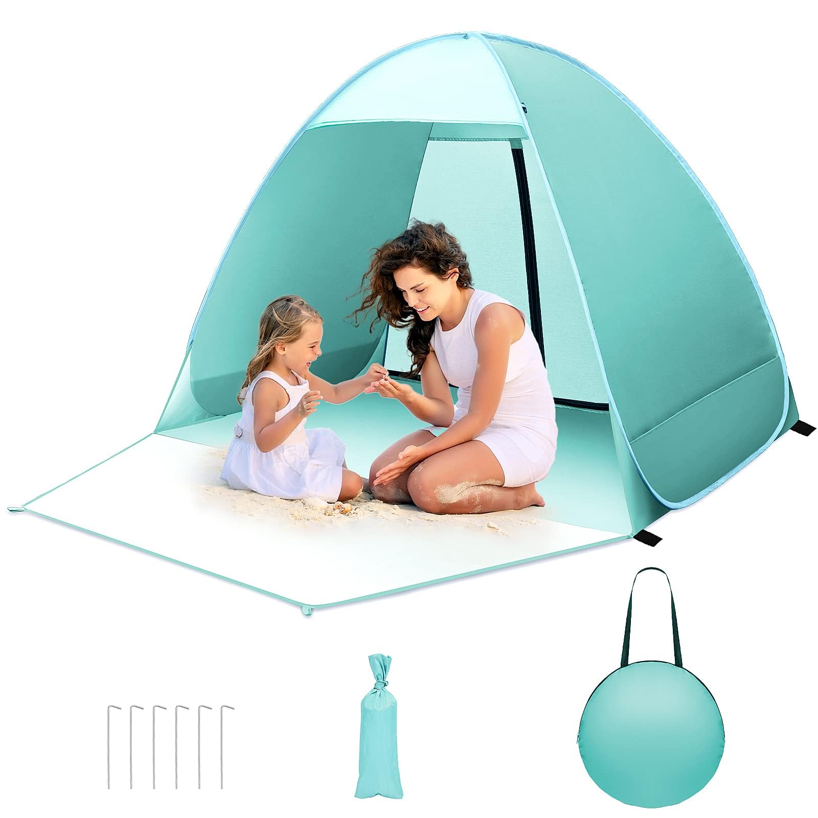 Pop up Strandmuschel, 2-3 Personen Familie Zelt UV Schutz UPF 50+ Strandzelt Wurfzelt mit Reißverschluss Hintertür, Vordertür mit Schnallen Kleines Packmaß für Sonnenschutz Strand, Garten Grün