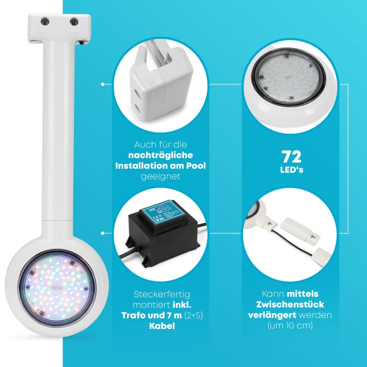BWT LED Einhänge Scheinwerfer 16 Watt / 12 Volt / 710 Lumen/weißes Licht | 7 m Kabel | steckerfertig montiert | Pool Schwimmbad Beleuchtung | Stahlwandpools