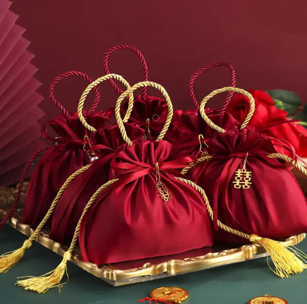 Red Silk Gift Bag/Pouch With Drawstring Closuer | Pendant and String Included | Premium Quality Silk | Good For Storing Coins, Jewelry, Candy and More | Pack of 3