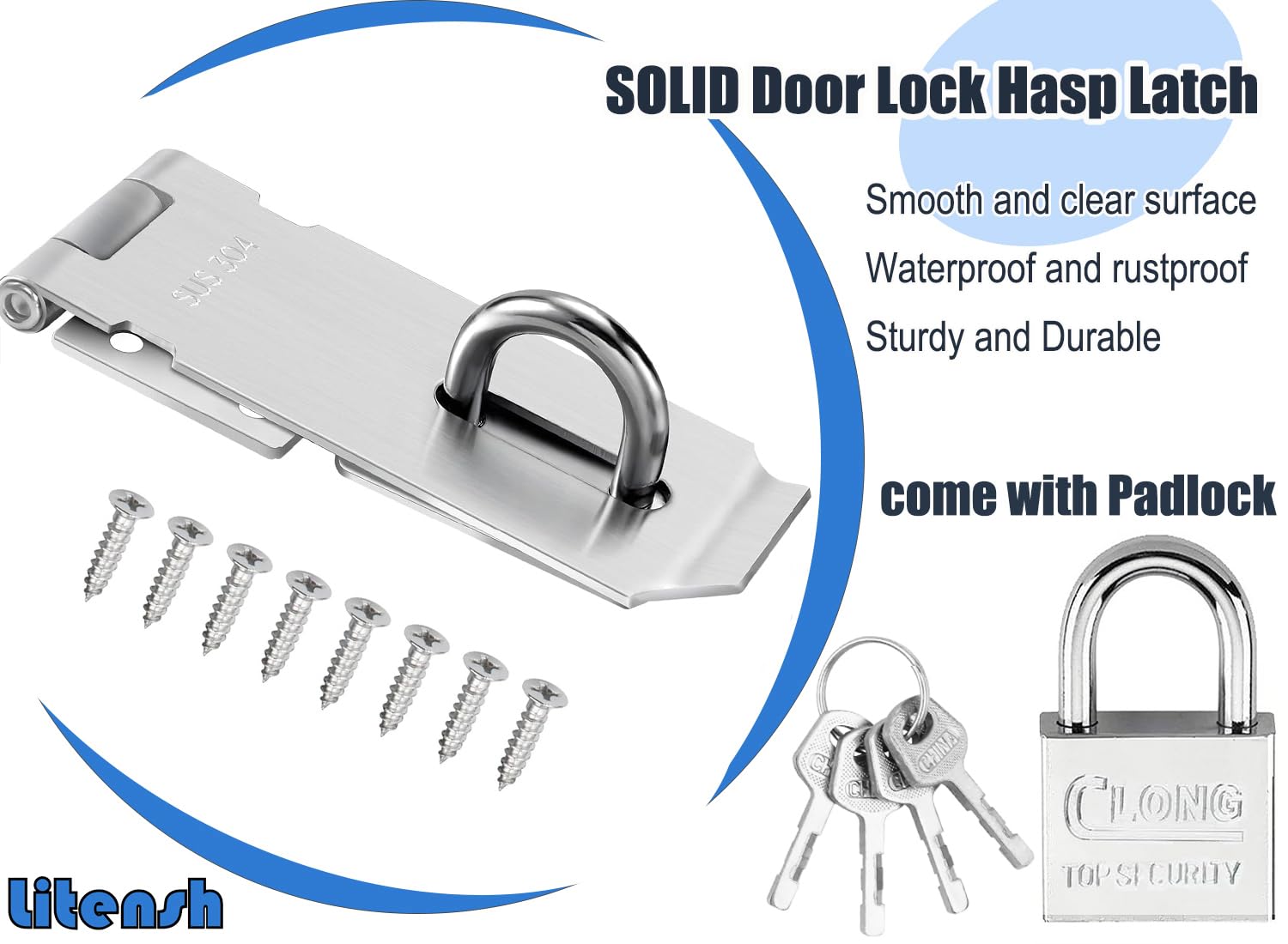 Serrature per porte in acciaio inox da 7,6 cm con lucchetto, chiusura di sicurezza Packlock Hasp, serratura extra spessa, chiusura per cancello, capannone, per camera da letto, garage,