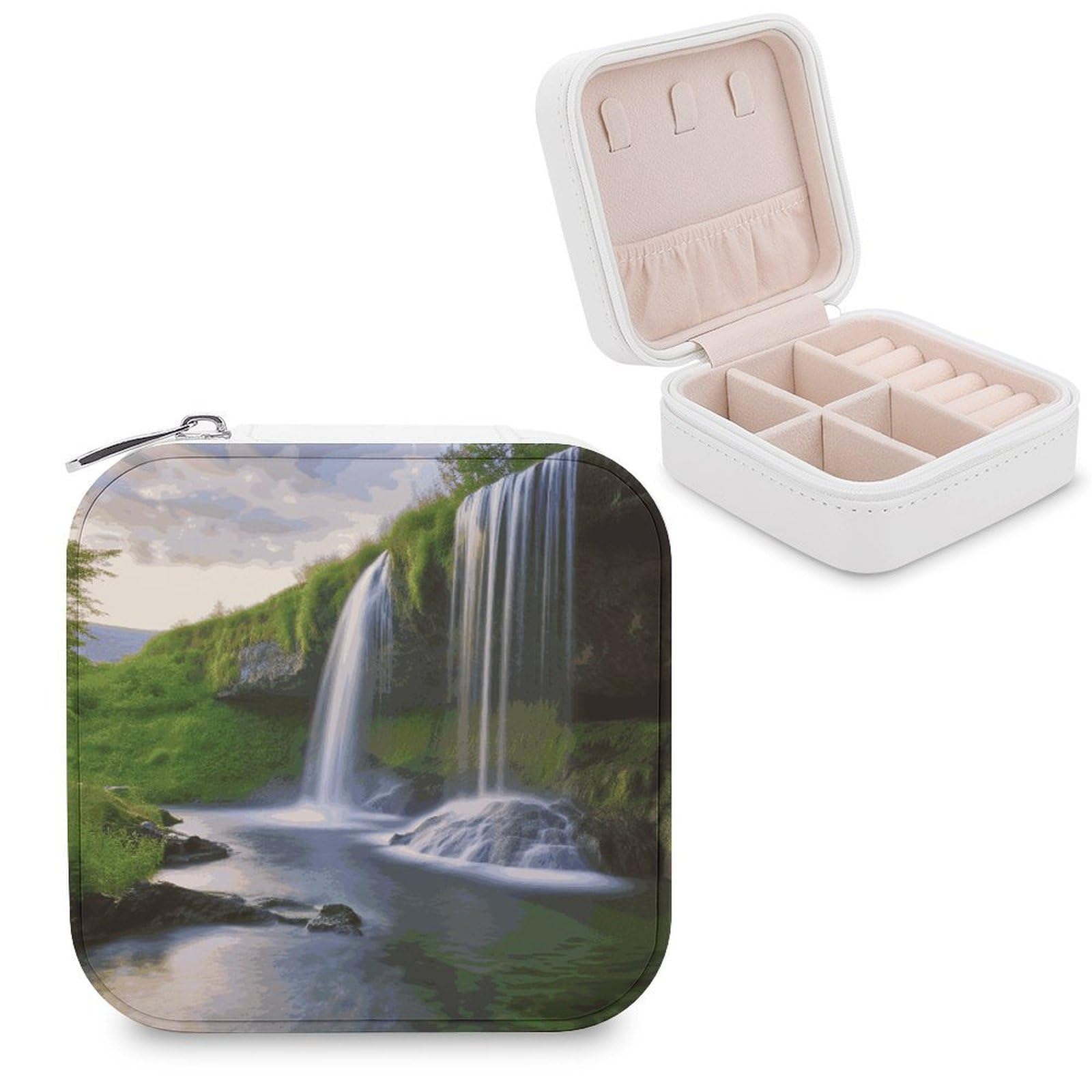 JTREHY Waterfall Landscape Jewelry Box Personalized PU Jewelry Box Exquisite Jewelrys Organizer Case Small Portable Jewellery Storage Holder for Rings Earrings Necklaces Gifts