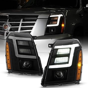 ACANII - For [HID/Xenon Model] 2007-2014 Cadillac Escalade Black Smoked Housing LED Tube DRL Projector Headlights Pair