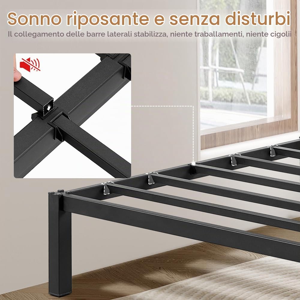 Struttura Letto 90x200 cm, piattaforma Letto a Doghe in Metallo, letto a blocchi, Letto Ospiti, Non sono necessarie viti o attrezzi per il montaggio, Nero Classico