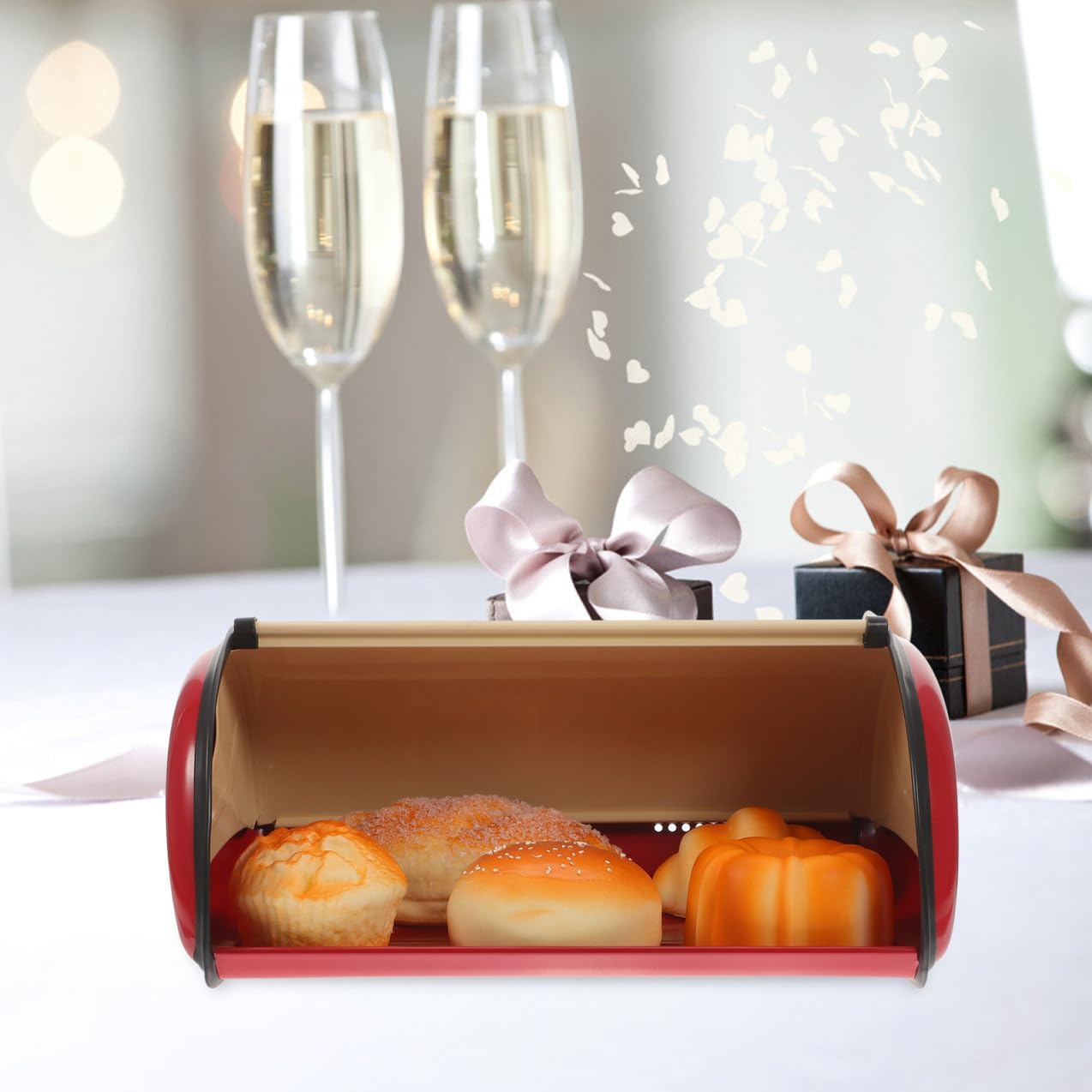 Kitchen Bread Box Metal Bread Bin Vintage Red Large Capacity for Countertop Bakery and Household Use