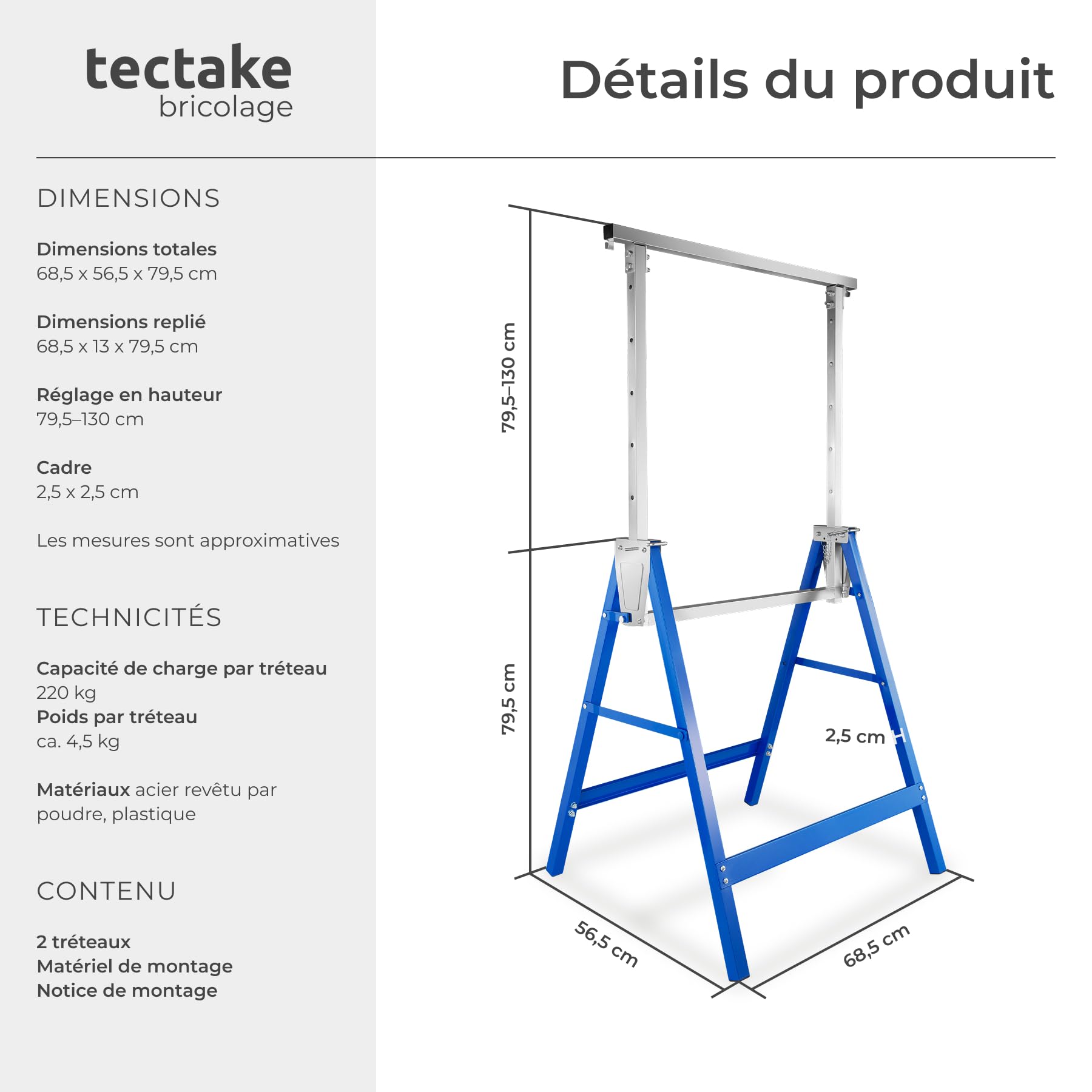 tectake® 2 Tréteaux télescopiques pliables, Treteaux 68,5 x 56,5 x 79,5 cm, Treteaux reglables en acier, 7 réglages en hauteur, Charge max. 220 kg par Tréteau, Etabli pliant, Chevalet de sciage, Bleu