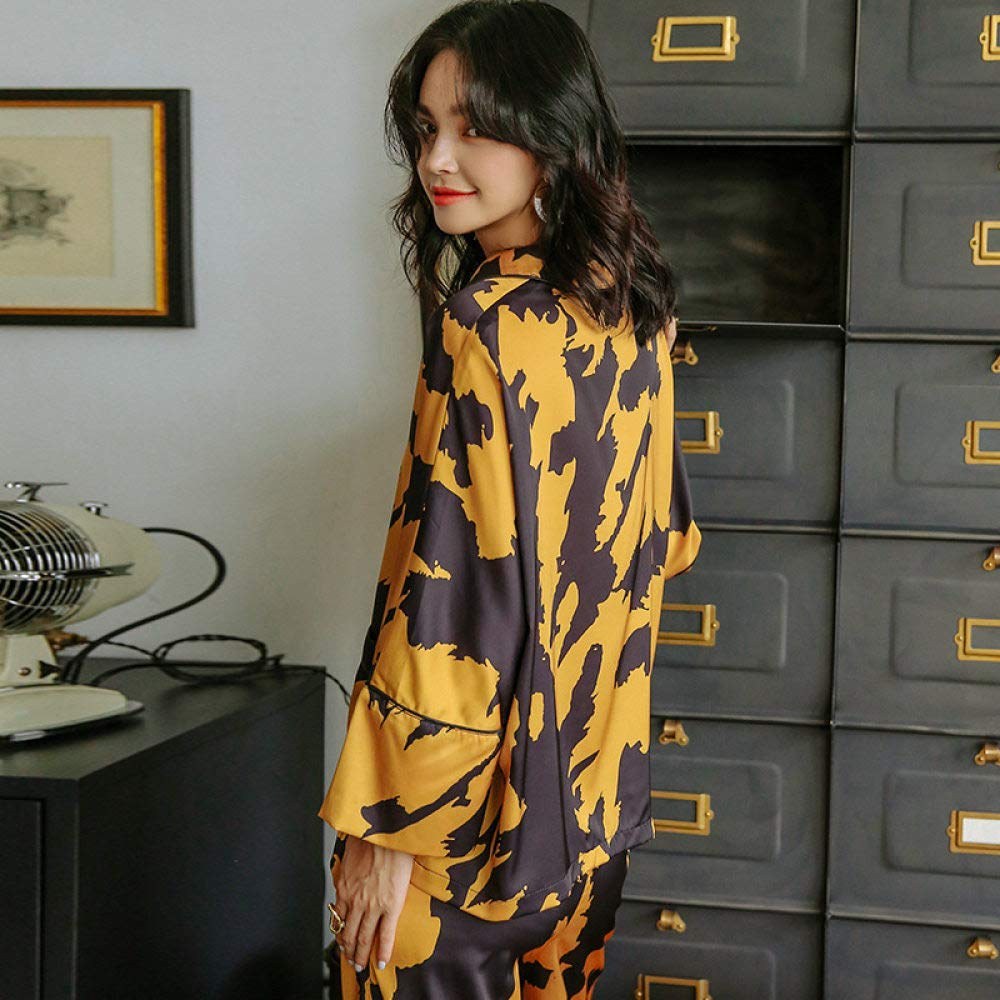 Pijamas De Mujer,Conjunto De Pijama De Satén De Seda Para Mujer,Ropa De Dormir De Primavera Y Verano,Estampado Abstracto,Manga 3/4,Dorado,Negro,Se Puede Usar Al Aire Libre,Ropa De Dormir,Ropa De Dor