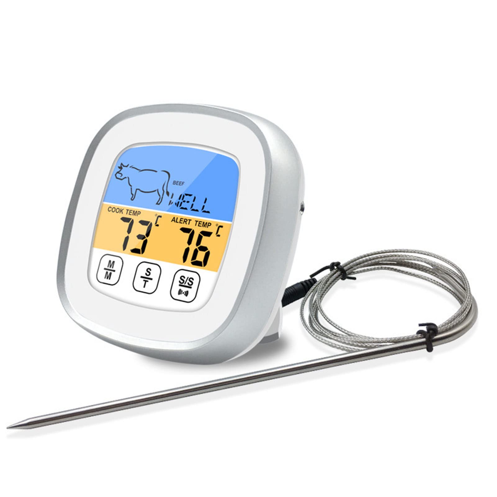 Digital Meat Thermometer, Large LCD Digital Cooking Food Meat Smoker Oven Kitchen BBQ Grill Thermometer Instant Read Wired Probe Digital Meat Thermometer with Timer Alarm(White)