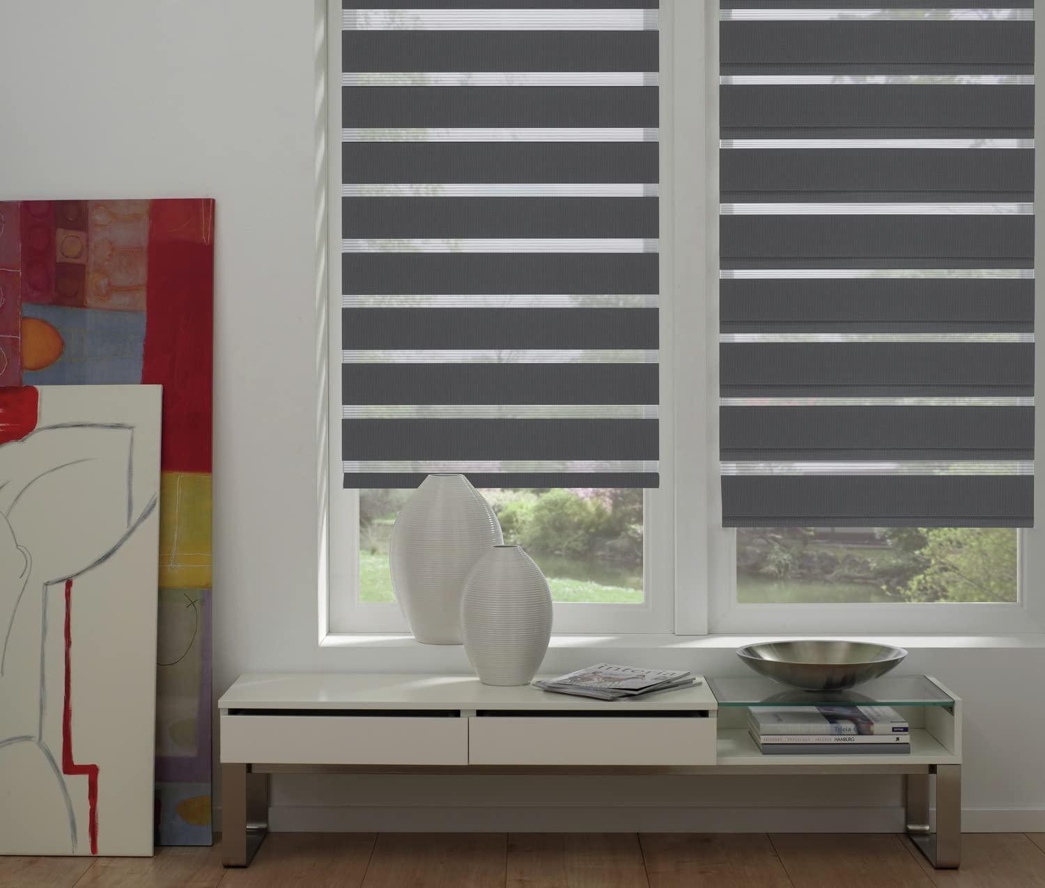 Deco Company Duo Klemmrollo, Doppelrollo, Rollo für Fenster ohne Bohren, Alle Montage-Teile inklusive, Polyester, Anthrazit, 90 x 150 cm