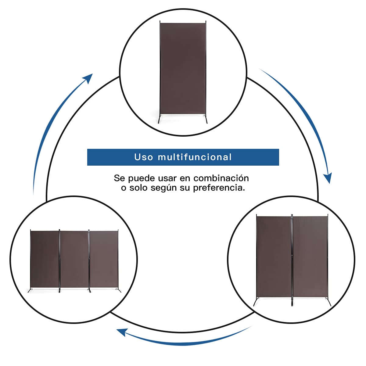 COSTWAY Biombo de 3 Piezas Separador con Almohadilla de Pie Ajustable Pantalla de Privacidad para Casa Oficina Dormitorio (marrón)
