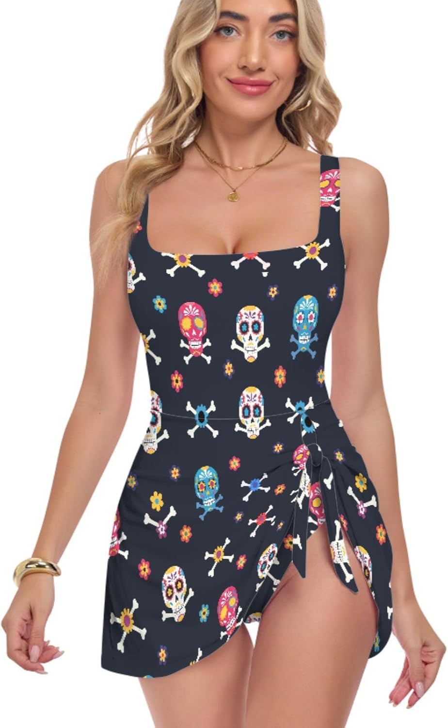 Skull Flowers Floral Women's One Piece Swimsuits Tummy Control Bathing Suits S A23013224