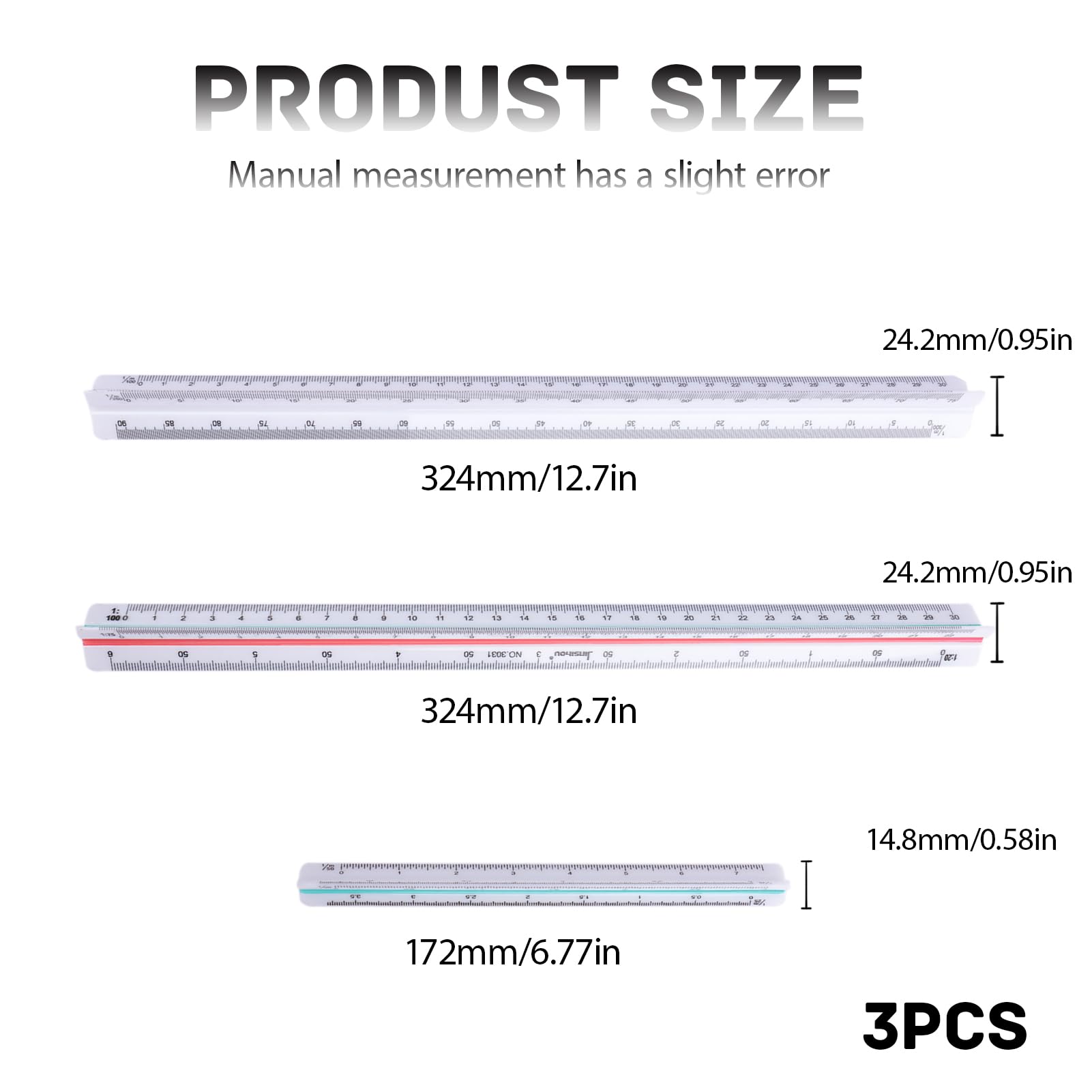 3 Piezas Regla de escala de plástico, escalimetro de 30 cm con Grabado Láser, (1:20 1:25 1:50 1:75 1:100 1:125 1:200 1:250 1:300 1:400 1:500) – Ideal para Arquitectos, Ingenieros y Estudiante