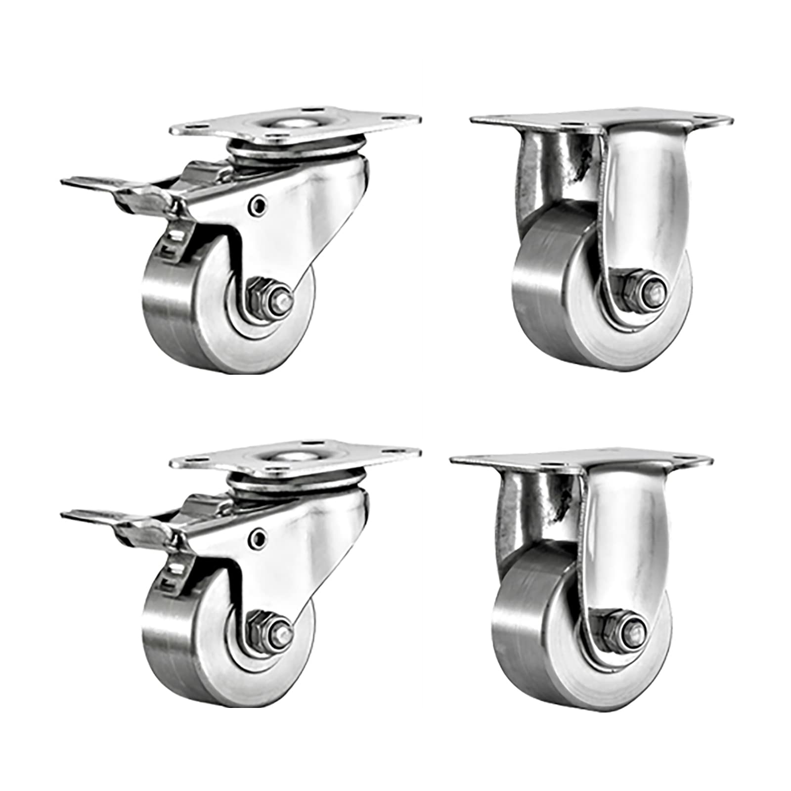 GBRJUYF 1.5” Trolley Furniture Wheels (150kg/4 Pack) Stainless Steel Swivel & Fixed Cs with Brake Replaceable Rollers for Easy Mobility - Optional Combinations Available