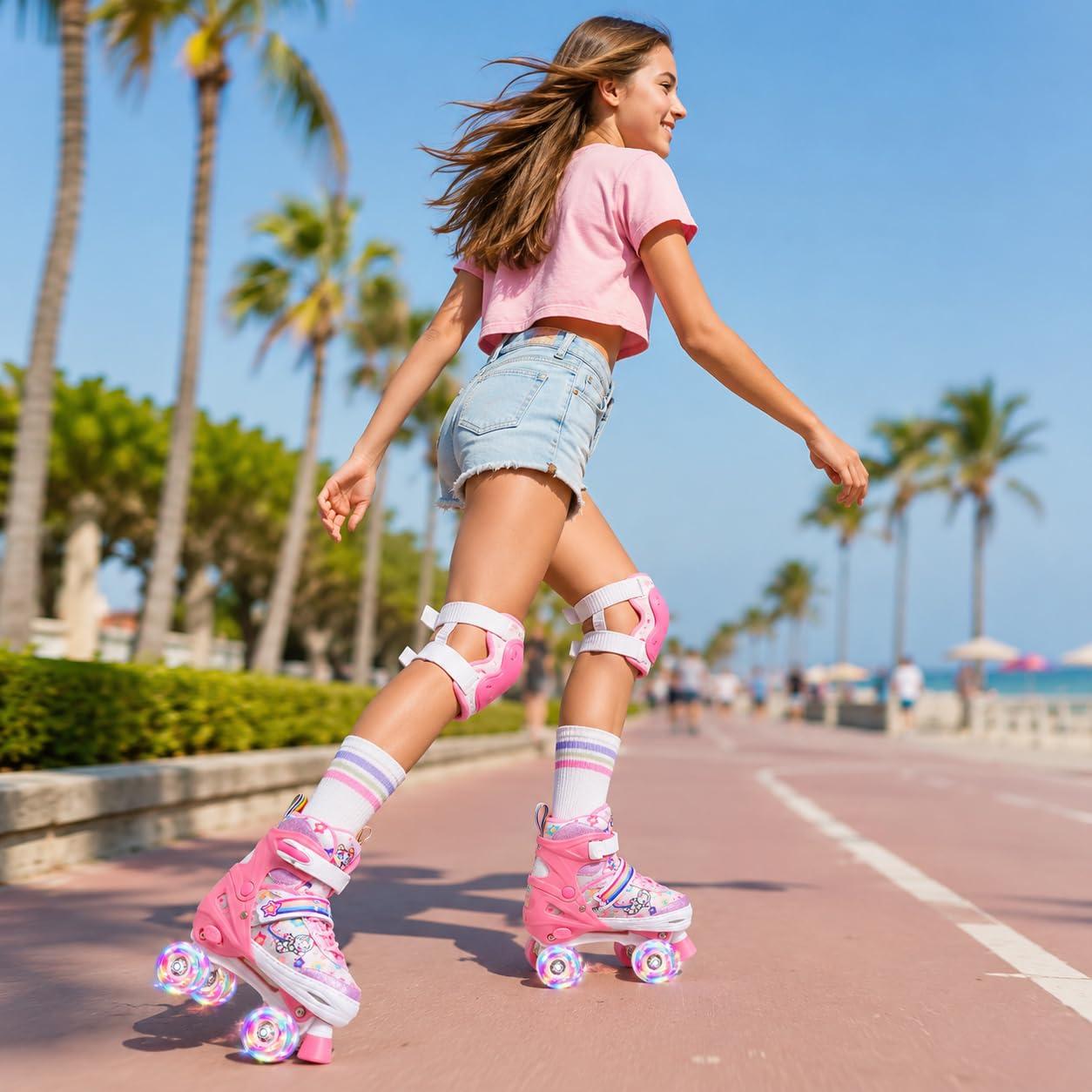 Roller Enfant Fille Patin a Roulette Fille Rollers Quad avec 8 Roues Lumineuses,4 Taille Réglable Patins à roulettes Confortables pour Les Filles et Les garçons et débutants