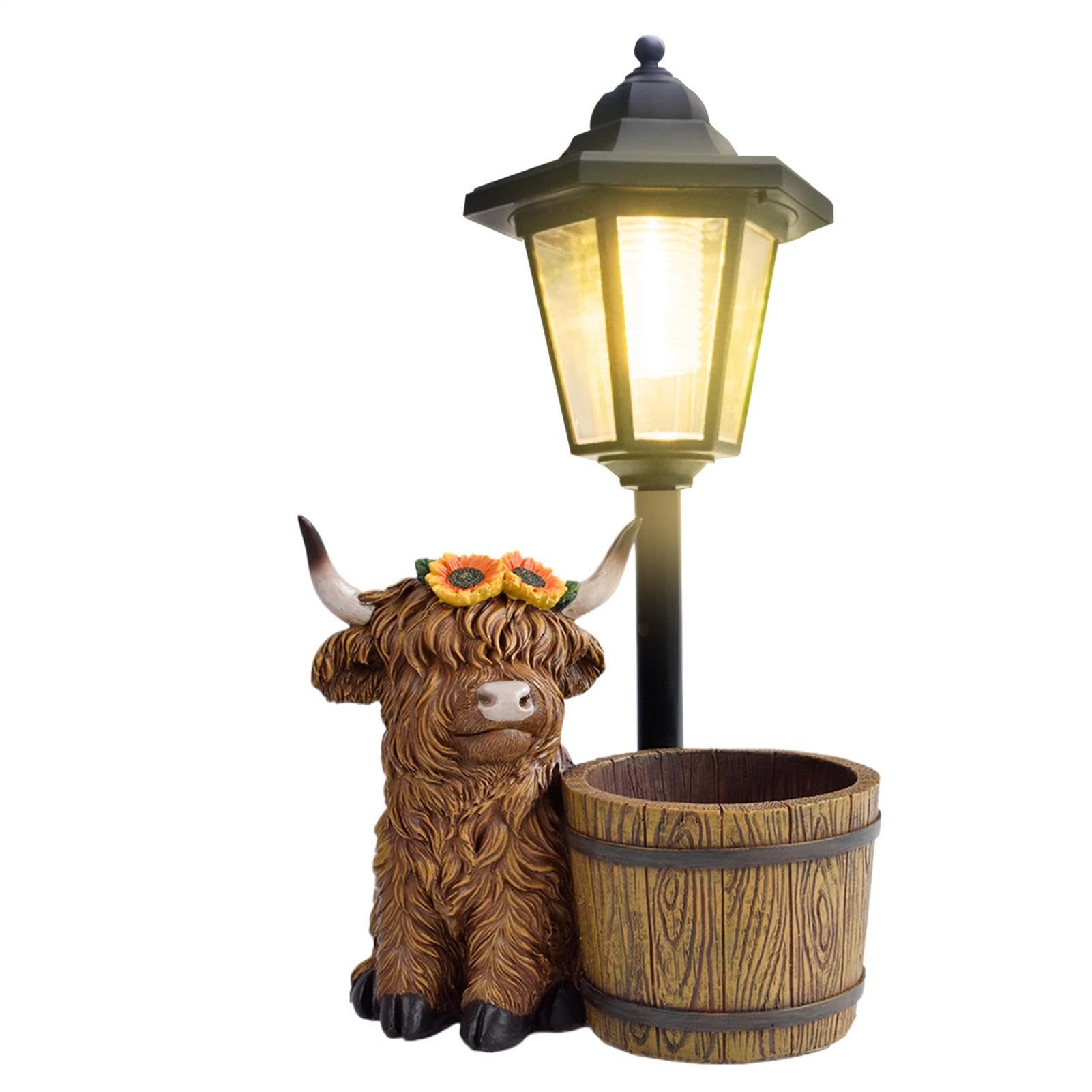 2026 Garden Highland Cow Statues with Solar Lantern Flowerpot Outdoor Decoration, Solar Outdoor Floor Lamp with Planter, Waterproof LED Garden Light Post, Warm White Auto On/Off Dusk to Dawn