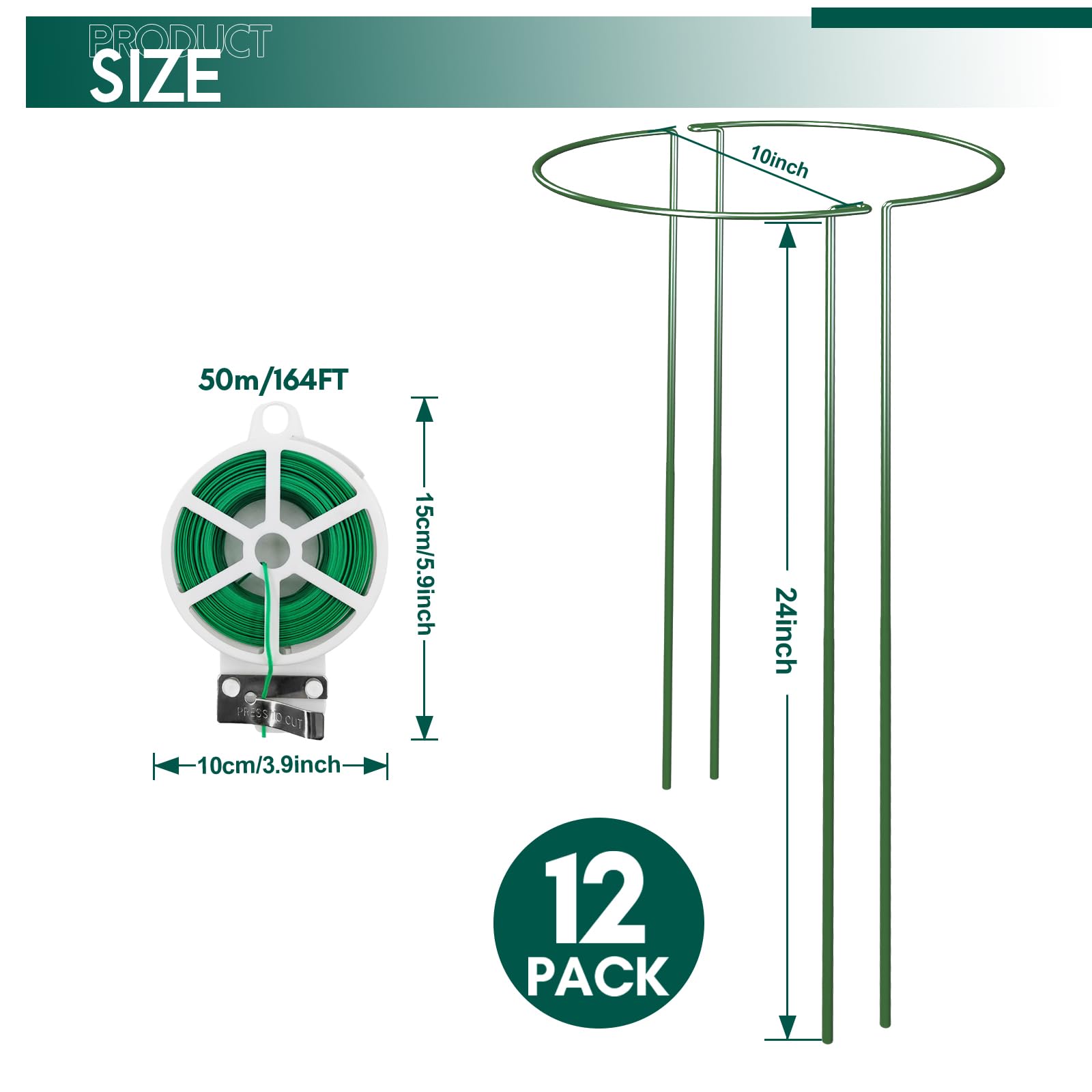 Lot de 12 piquets de support pour plantes, demi-ronds en métal, grand anneau de support de pivoine et cage pour plantes d'intérieur et d'extérieur, hortensia, tomate, rose, monstera avec attaches pour