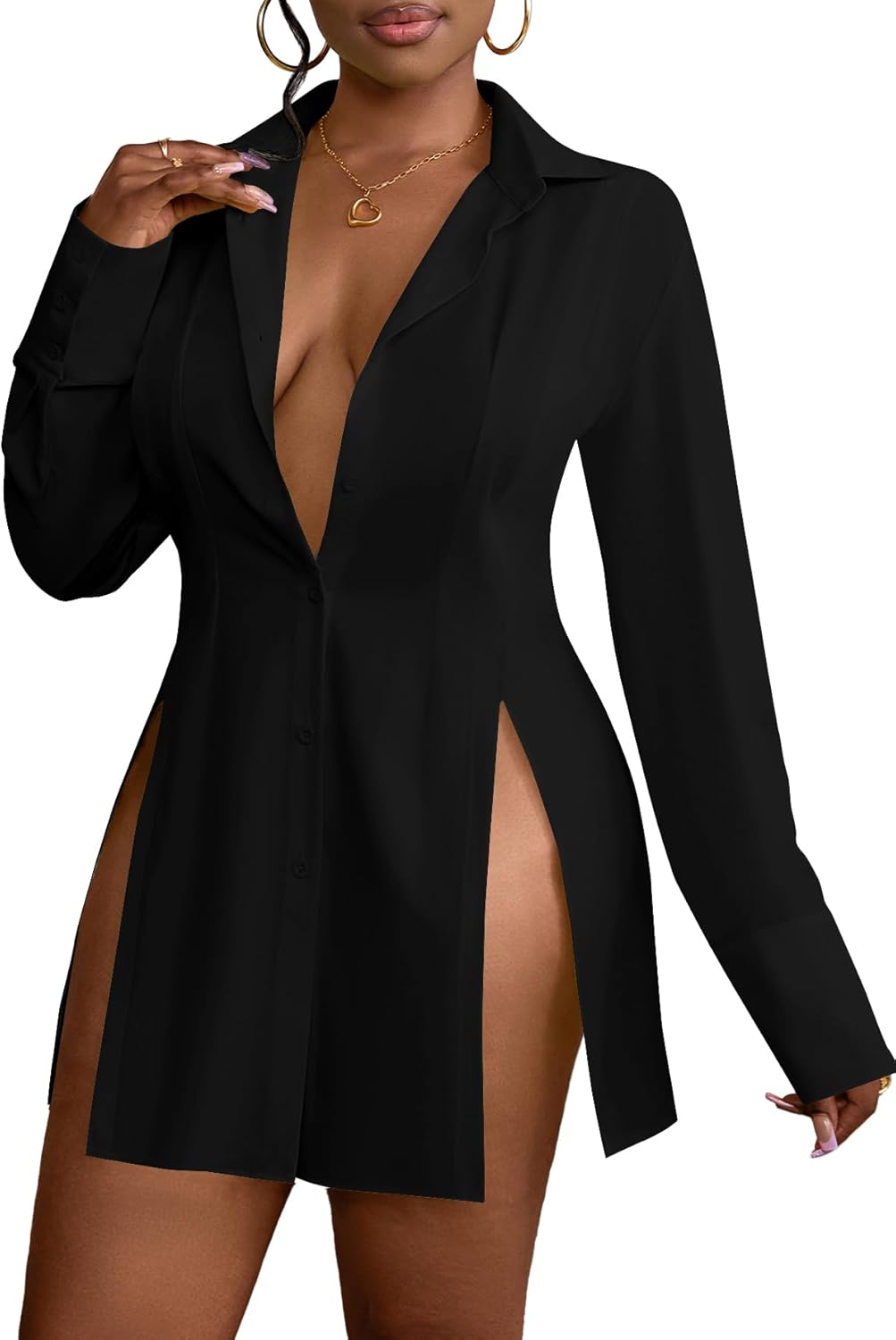 LYANER Women's Button Down Shirt Dress Collar V Neck Long Sleeve Slit Sexy Shirt Dresses - Image 3