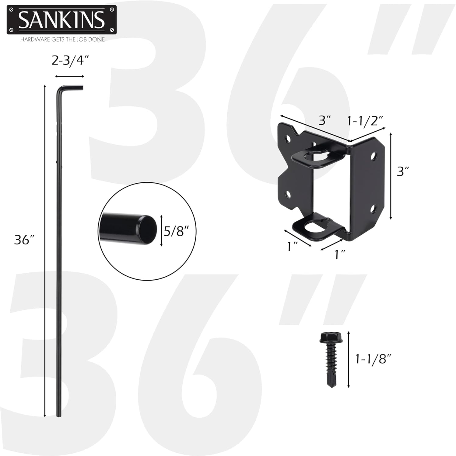 36" Cane Bolt Gate Drop Rod Heavy Duty Gate Hardware Solid Steel Gate Ground Latch for Wood PVC Vinyl Metal Gates Fences Doors, Holding Gate to The Ground, Black Finish, 2 Pack