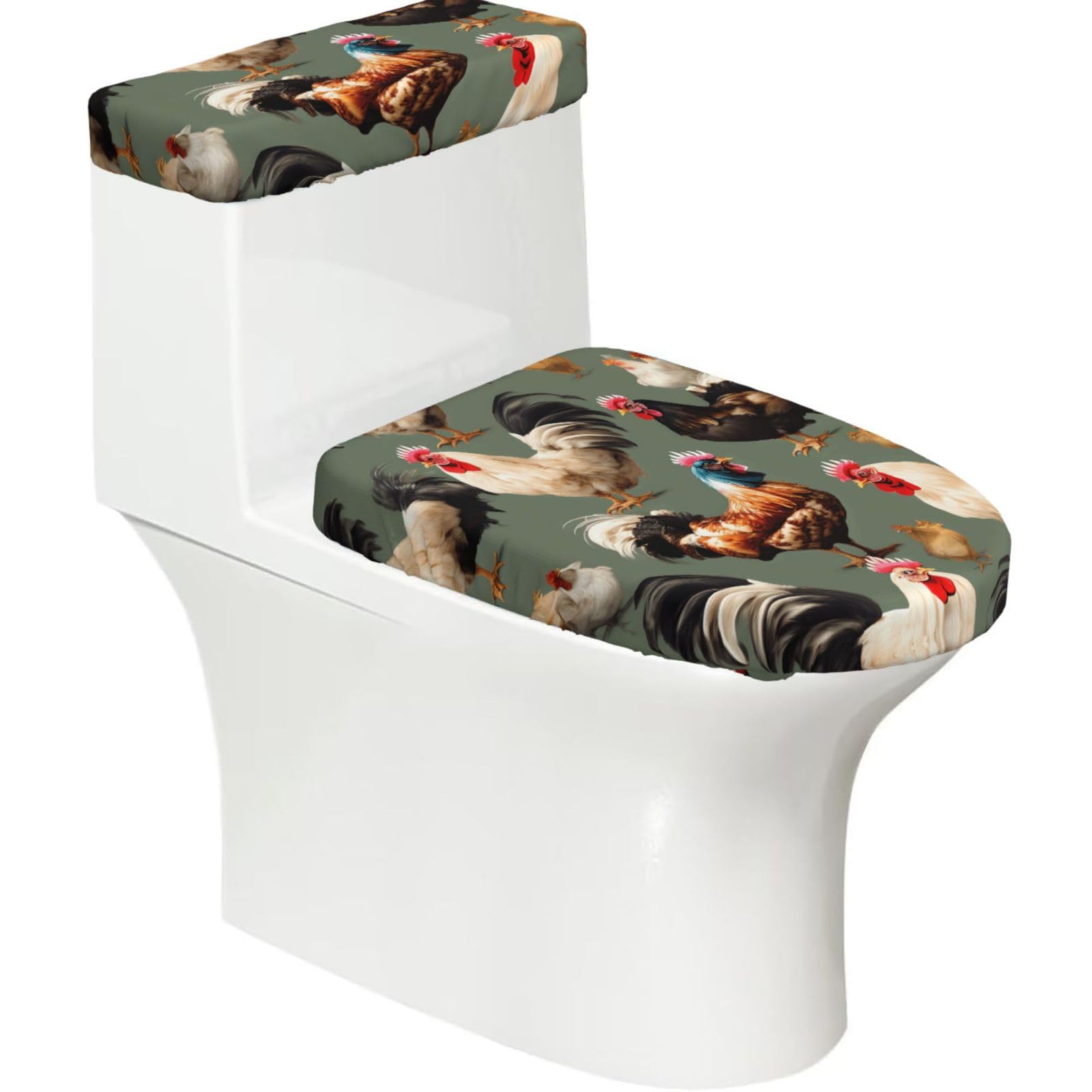 Chicken and Rooster Print Printed Toilet Tank and Lid Cover Set of 2 for Most Bathrooms, Fits Elongated Round Toilets