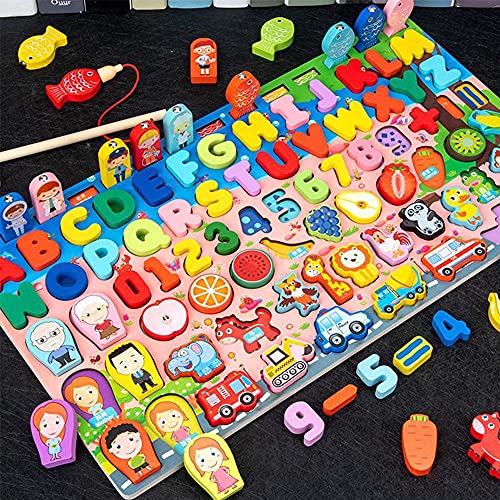 Image of Univocean Montessori Colorful Wooden Toys - Alphabet Numbers Animal Fruits Shape Fishing Game Board for Kids