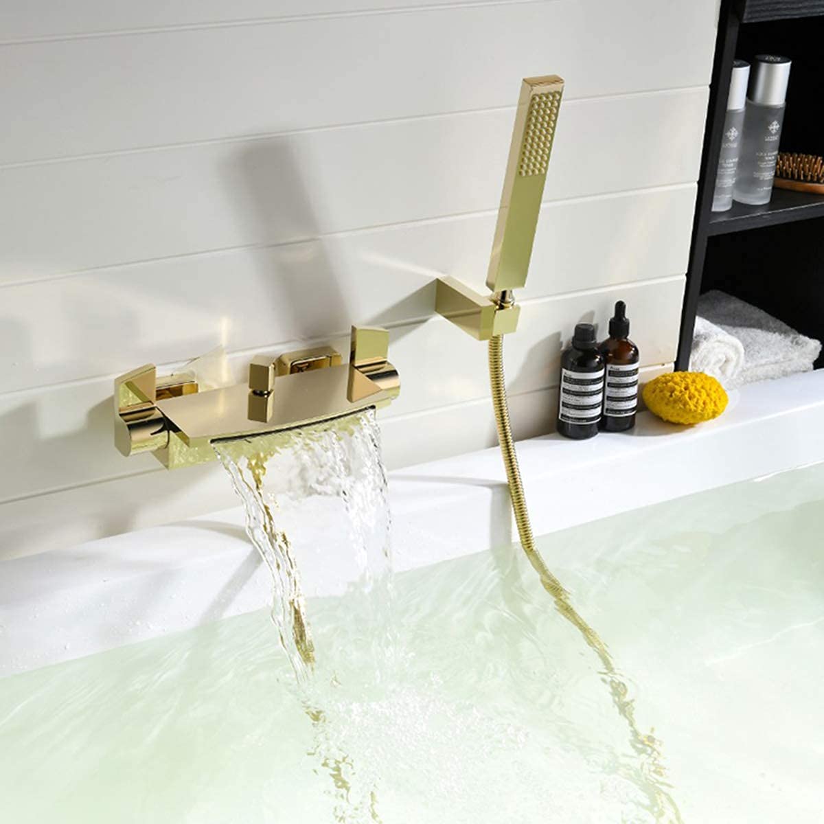 WIQUYBML Kitchen Taps Faucet Waterfall Wall Mounted Bath Mixer Tap Gold Bathtub Filler Handheld Shower with Attachment (B),