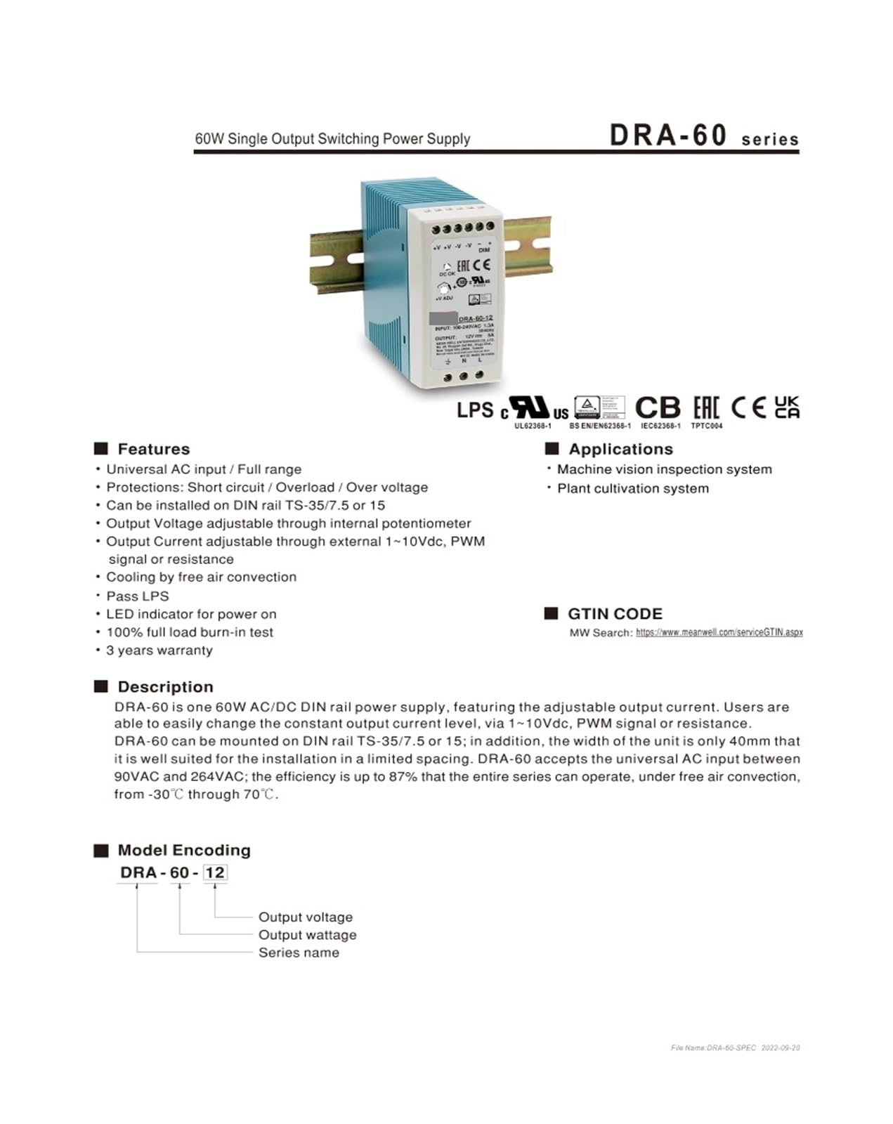 Alimentatore Industriale DRA-60-12 60W 5A 12V Alimentatore Industriale DRA-60-12 60W 5A 12V