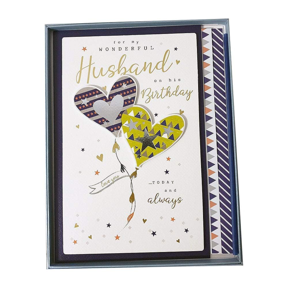 ICG Wonderful Husband Large Luxury Handfinished Boxed Birthday Card - Love Hearts and Shooting Stars with a Foil and Embellished Finish