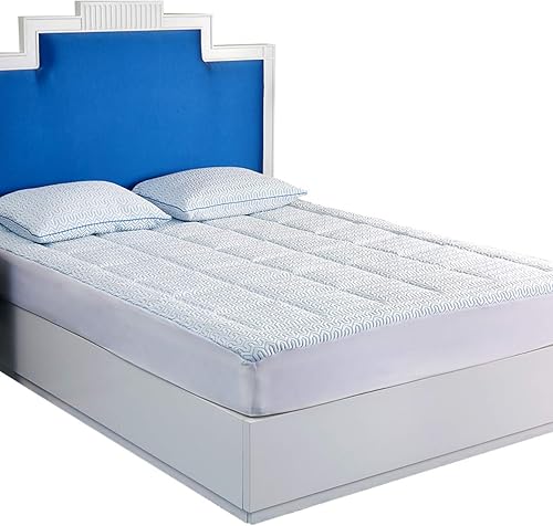 Miniatura 1 de Puredown almohadilla de colchón Topper, azul y blanco, Tela Jacquard Premium seda de hielo de refrigeración para verano, gemelo
