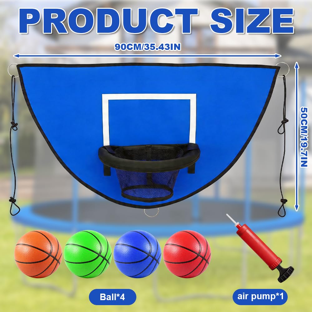 Trampolin Basketballkorb, 98 * 50cm Basketballkorb für Trampolin mit 4 Mini Aufblasbare Basketbällen, Basketball Korb für Trampolin, Trampolin Zubehör für Innen und Außenbereich (Blau)