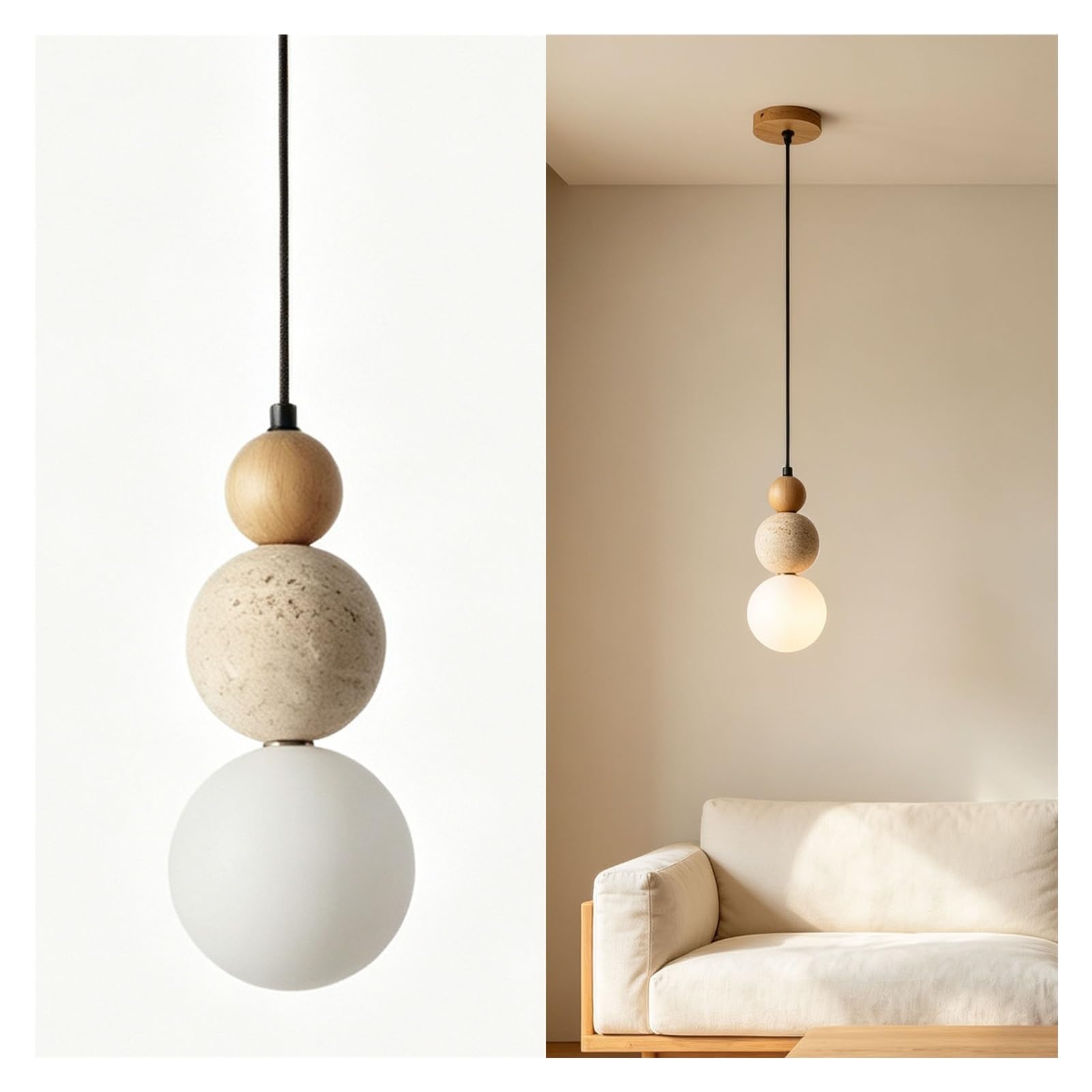 LUOYAOB Modern Spherical Stone Chandelier Walnut Wood Stone Texture Fixture