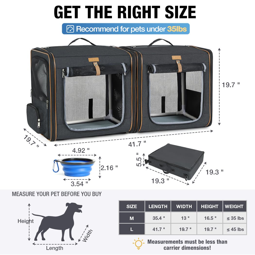 Lekeinchi 2-in-1 Hundebox Transportbox Katze für Mittelgroßes Haustier, Faltbare Katzentransportbox mit Starker Faserrahmen, Katzentoilette, 2 Schalen, 2 Haustiermatte, Groß, Schwarz（XL）