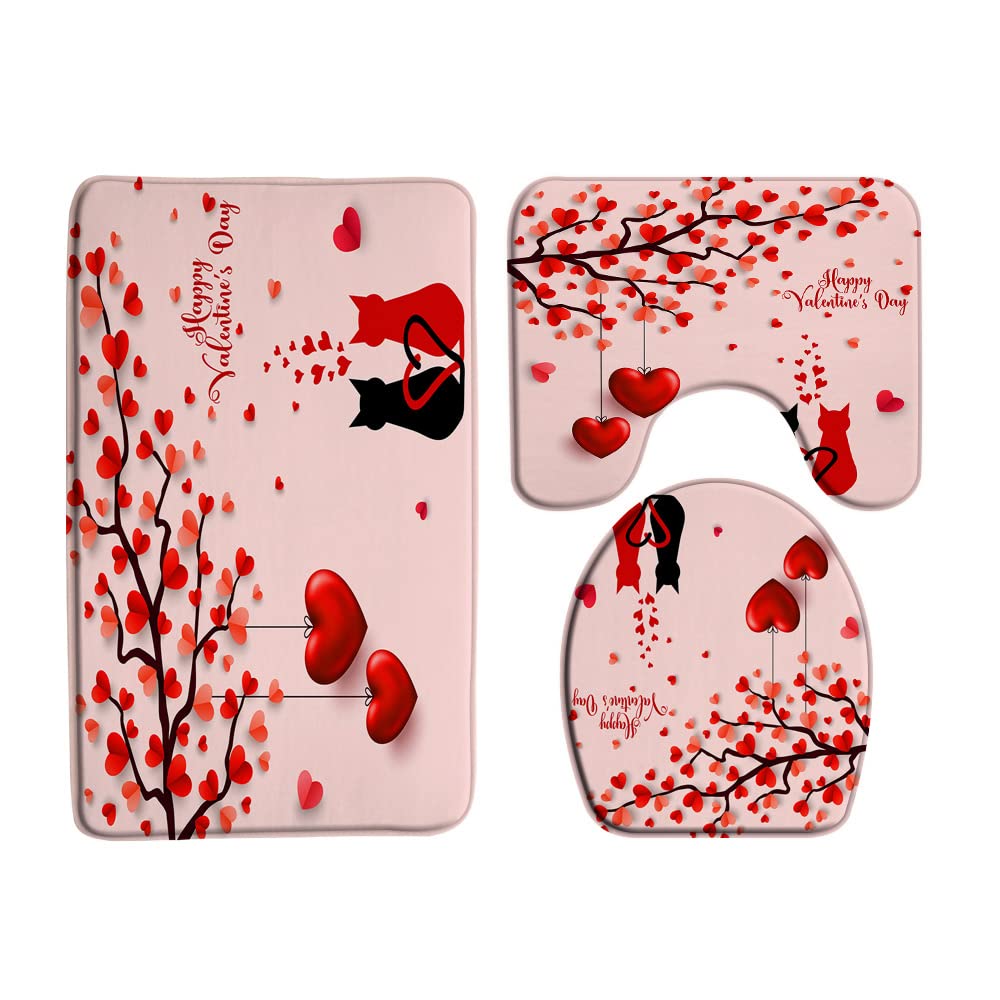 VPUPCN Valentine's Day 3 Pcs Bath Rugs Set,Red Love Heart Tree Cute Cat Kitten Sweet Romantic Creative Modern Simple Bathroom Kitchen Rug with 16