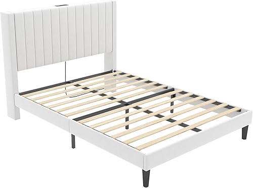 Miniatura 7 de VanAcc Base de cama tamaño Queen, plataforma tapizada de terciopelo con cabecera capitoné de canal, base de colchón con listones de madera, no