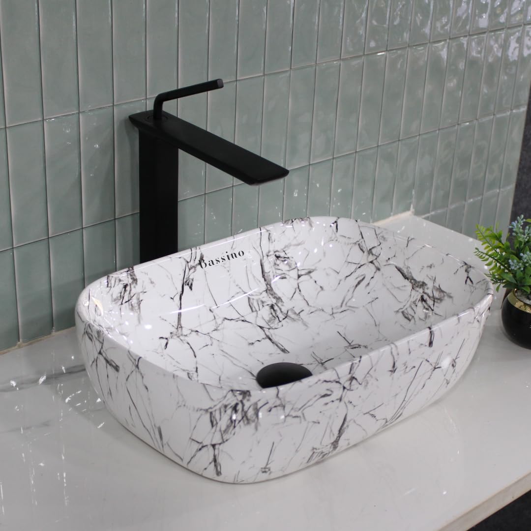 BASSINO Art Wash Basin Countertop, Tabletop Ceramic Bathroom Sink/Basin-WHITE MARBLE (GLOSSY FINISH) (455 x 325 x 145 MM) NS-101 (B0CH4MCG85) Amazon Price History, Amazon Price Tracker