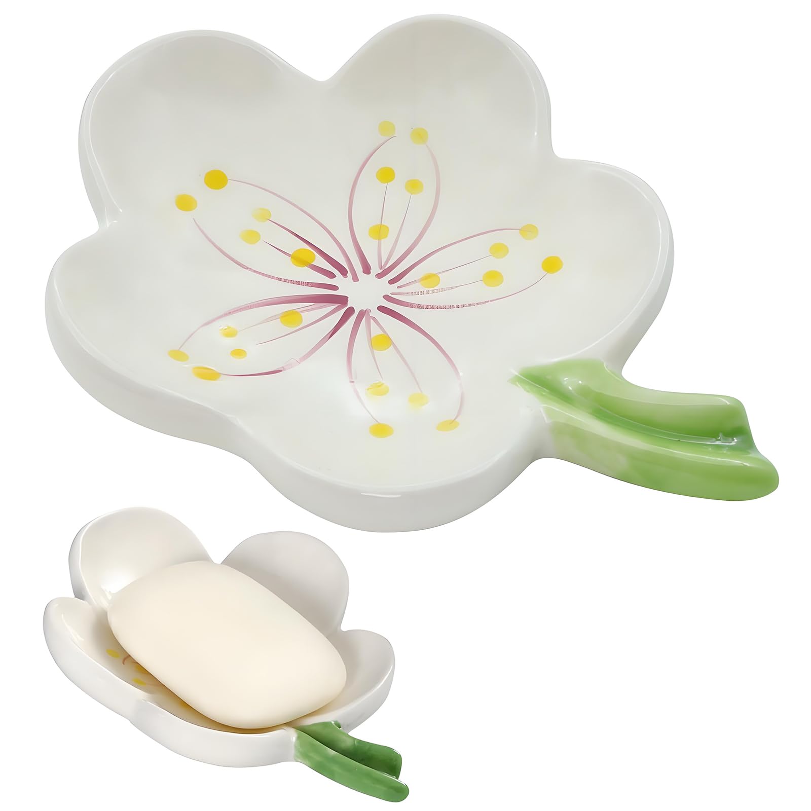 Hualisiji White Ceramic Soap Dish With Flowers Ceramic Soap Dish Leaf With Drainage For All Common Sizes Solid Soaps (White)