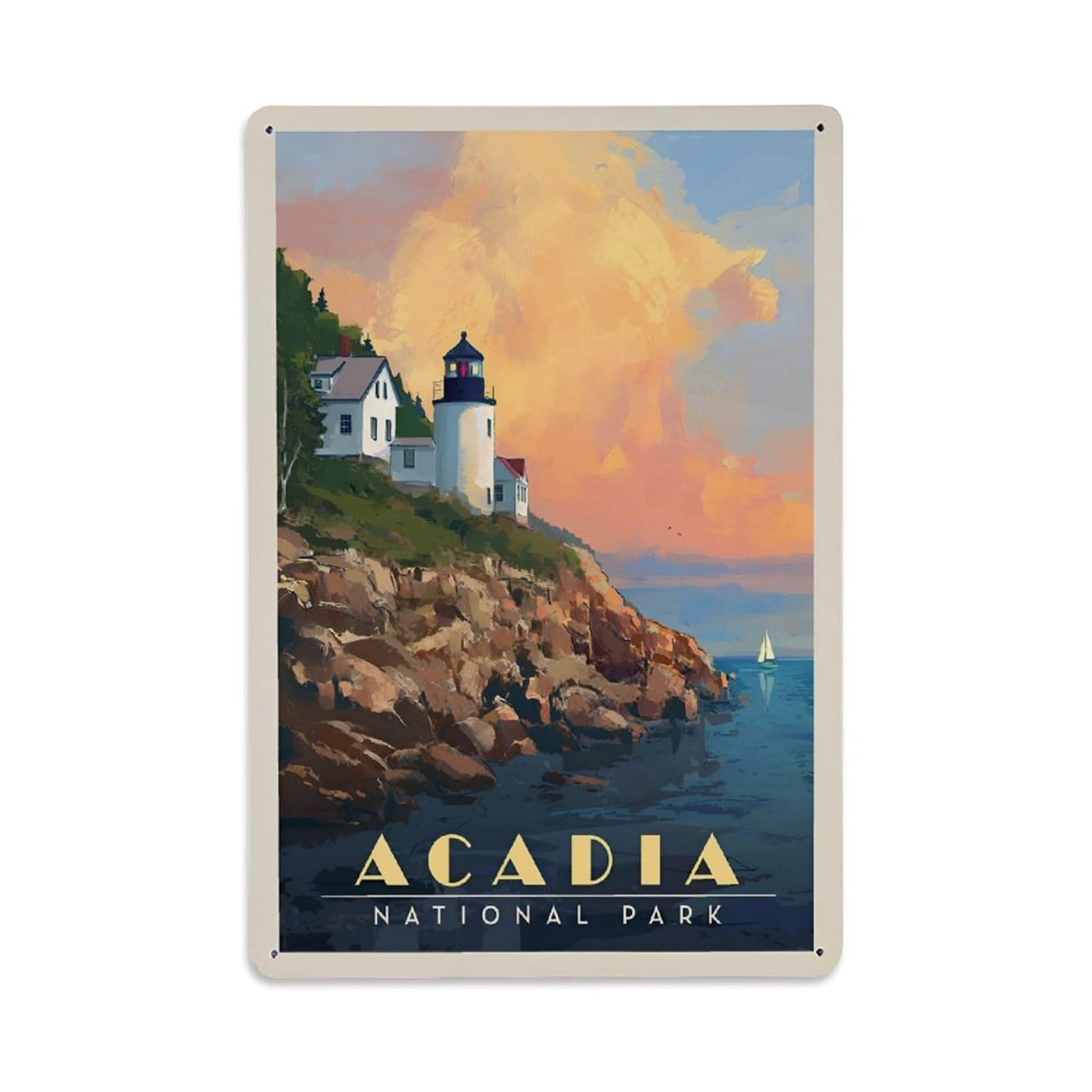 Vintage Trave Poster Acadia Lighthouse Metal Tin Sign Wall Decor for Cafe, Club, Garden Metal Poster 8x12Inch