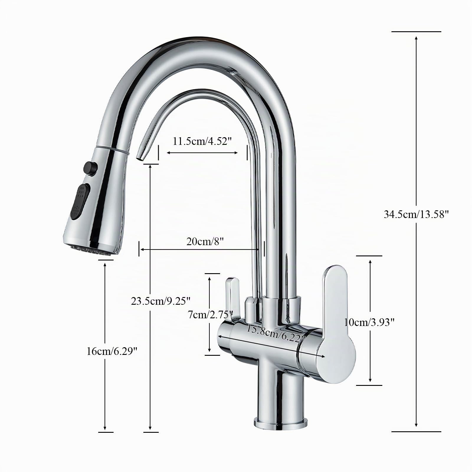 Grifo de cocina de 3 vías, en latón macizo, grifo de cocina de alta presión con alcachofa extraíble, mezclador extraíble para filtro RO (cromado)