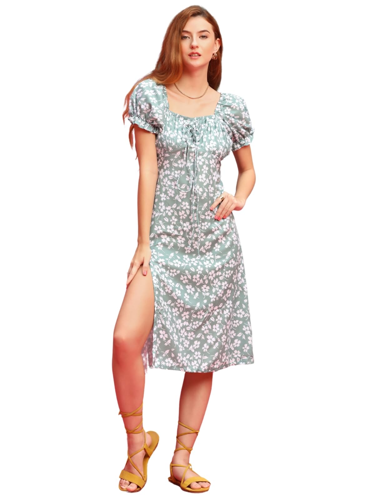 Greciilooks Western Dress For Women| Rayon Flower Design| Square Neck & Leg Split Dress| Short Balloon Sleeves Dress For Girls| Outdoor Wear (Xxx-Large, Light Green)