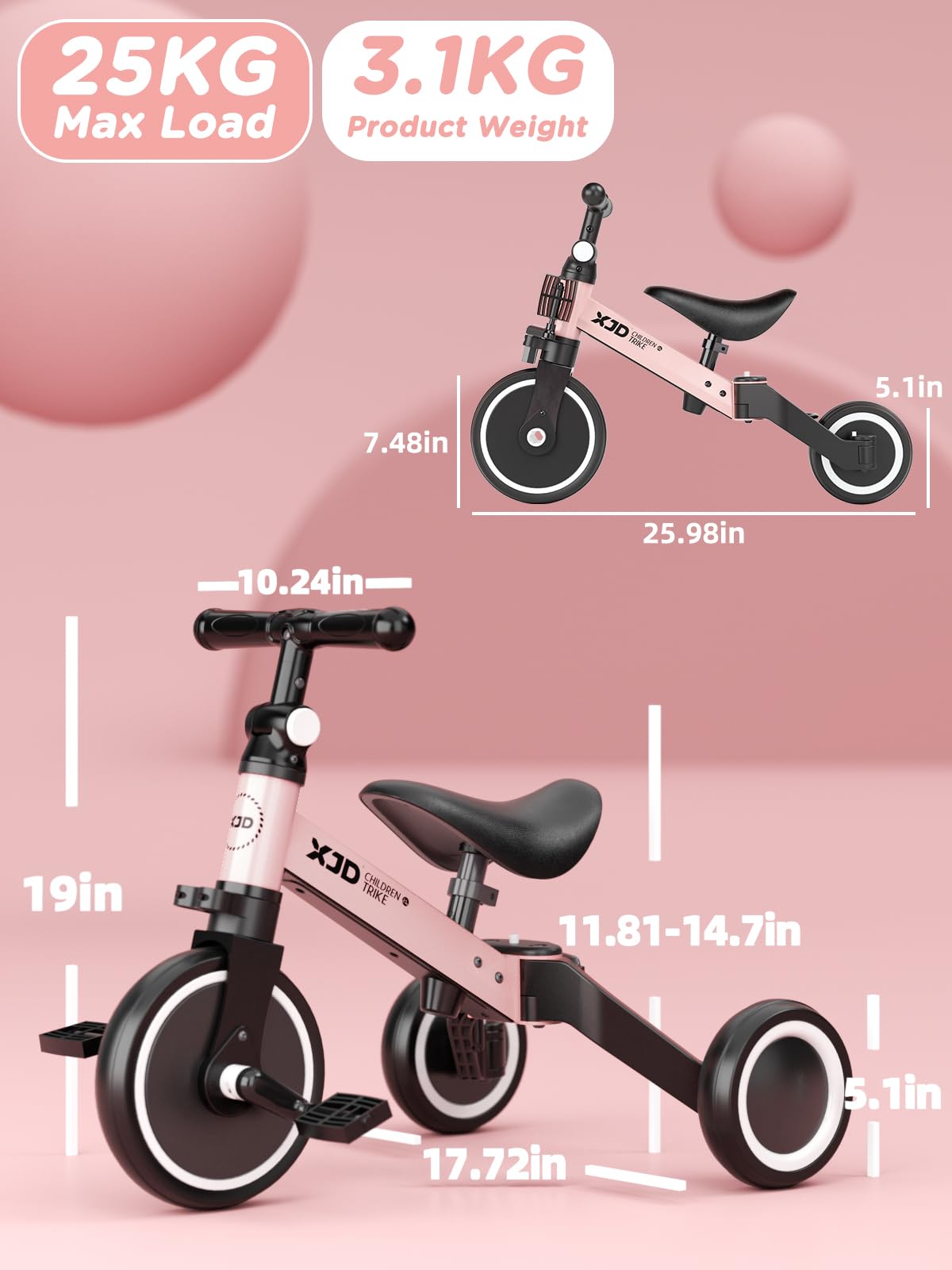 XJD Triciclo 3 in 1 per bambini e ragazze da 10 a 36 mesi senza pedali per bambini con regolabile sedile manubrio e pedali smontabili 1 anno regalo di compleanno (3 en 1 - Clásico, rosa)