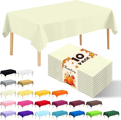 Paquete de 10 manteles desechables de plástico premium de 54 x 108 pulgadas, mantel rectangular para mesa, para cumpleaños, bodas, Navidad, Beige