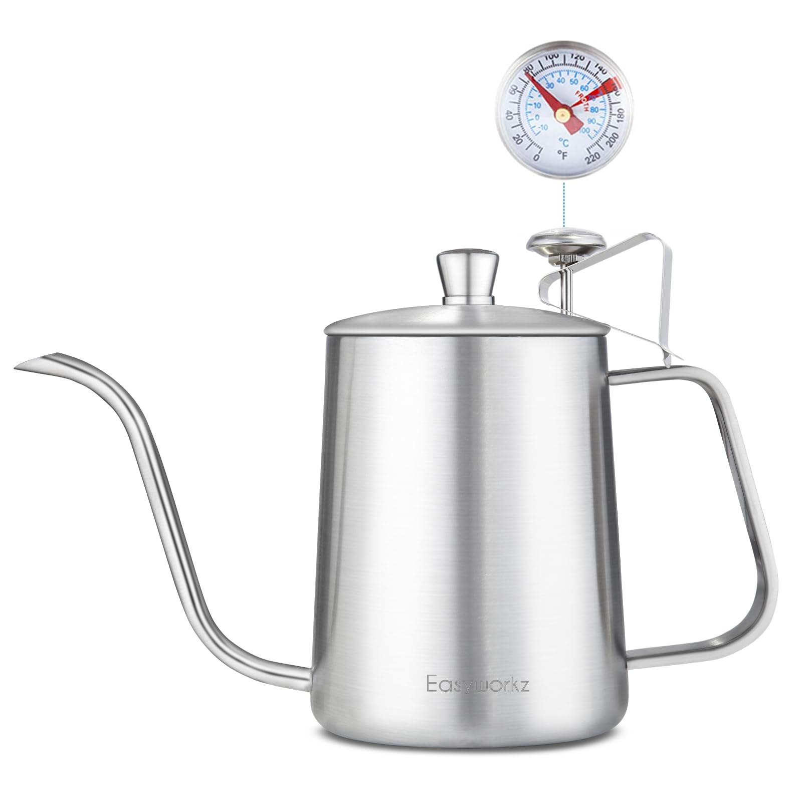 Gage - Hervidor de café de cuello de cisne para verter sobre 20 onzas con termómetro de acero inoxidable con boquilla larga y estrecha, color plateado