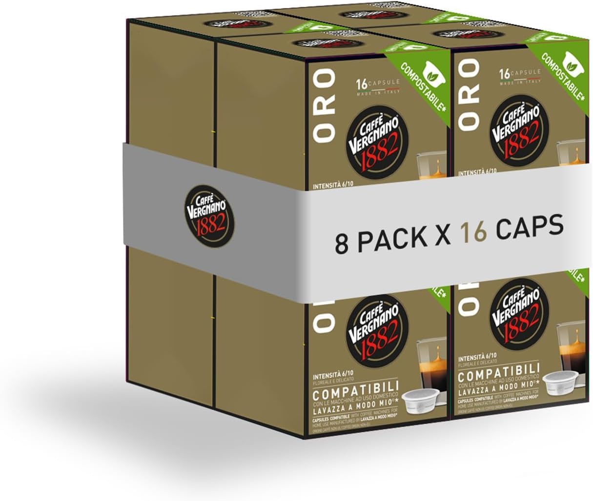 Caffè VERGNANO 1882, 256 Capsule Compostabili e Compatibili Lavazza A Modo Mio, ORO - 16 confezioni da 16 -DD-