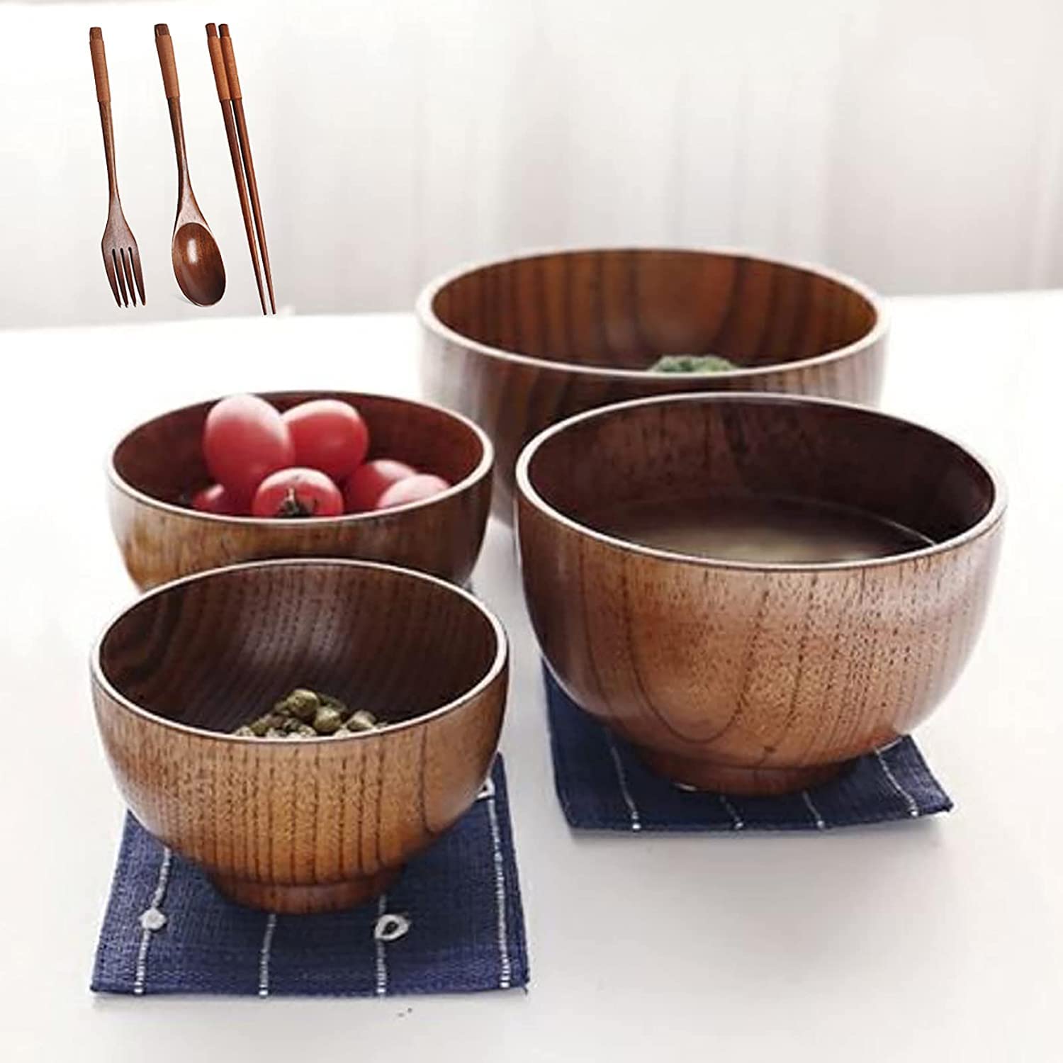 WOTZOV Bowl Household Rice Bowl Ramen Bowl Tableware Wood Bowl Solid Wooden Salad Bowl, 4 Pcs Jujube Wood Bowl Hand-Carved For Rice, Soup, Dip Sauce,Fruits,Appetizer,And Snacks,