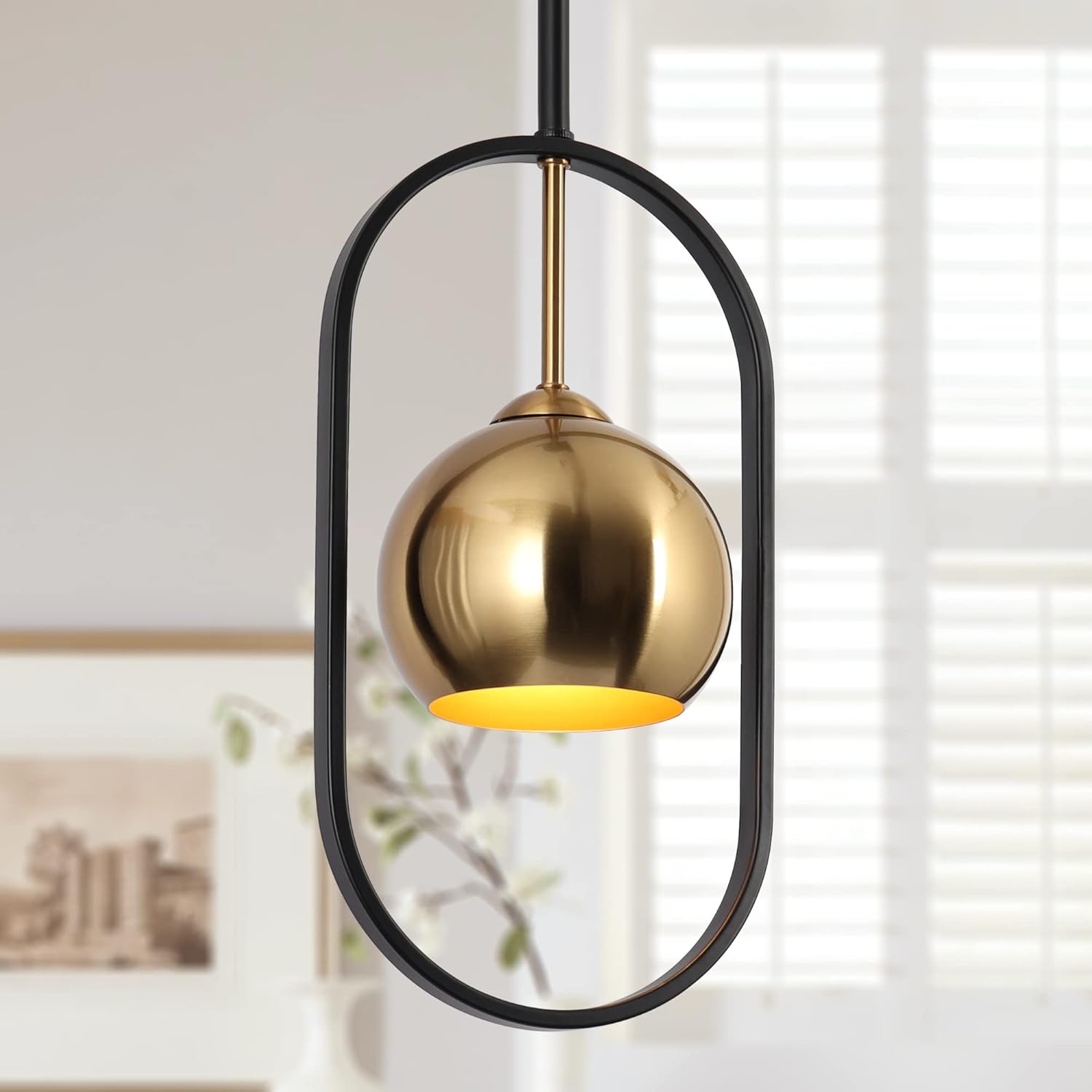 ZEVNI Black Pendant Light, Modern 1-Light Gold Globe Hanging Light Fixtures for Kitchen Island, Hallway, Dining Room, Foyer