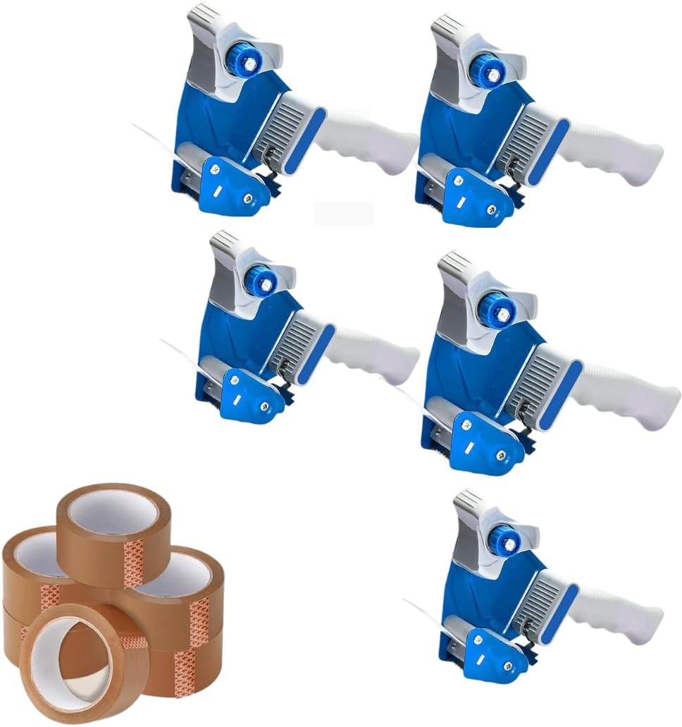 5 Tape Gun Dispensers + 6 Brown Packing Tape Rolls 48mm x 66m – Heavy Duty Parcel Tape Set with Cutter for Moving, Shipping, Storage & Office Box Sealing