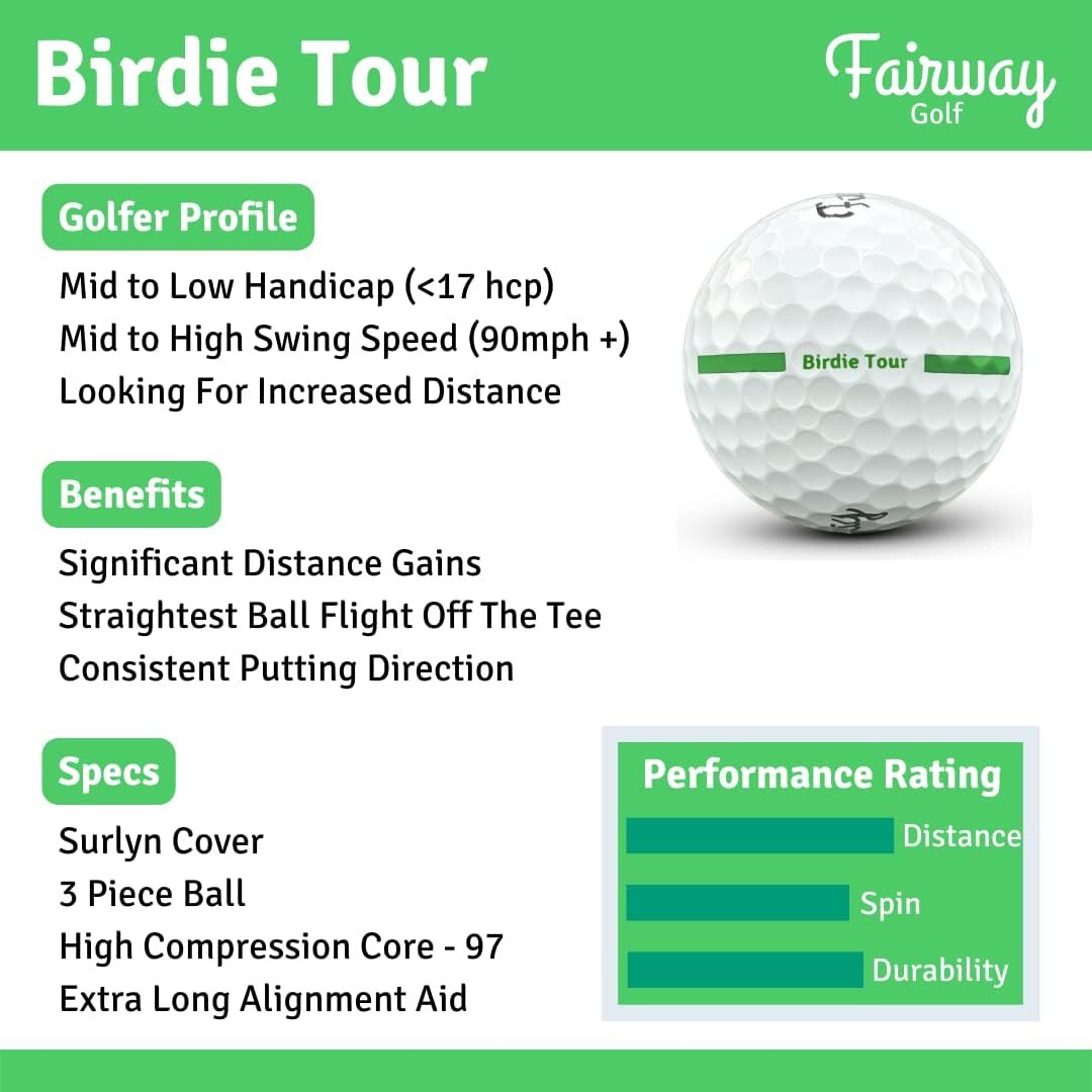 Birdie Tour Golf Balls | 3-Piece Construction | 97 Compression | Surlyn Cover | Alignment Aid | 1 Dozen (12 Balls) | Mid Handicap 10-20